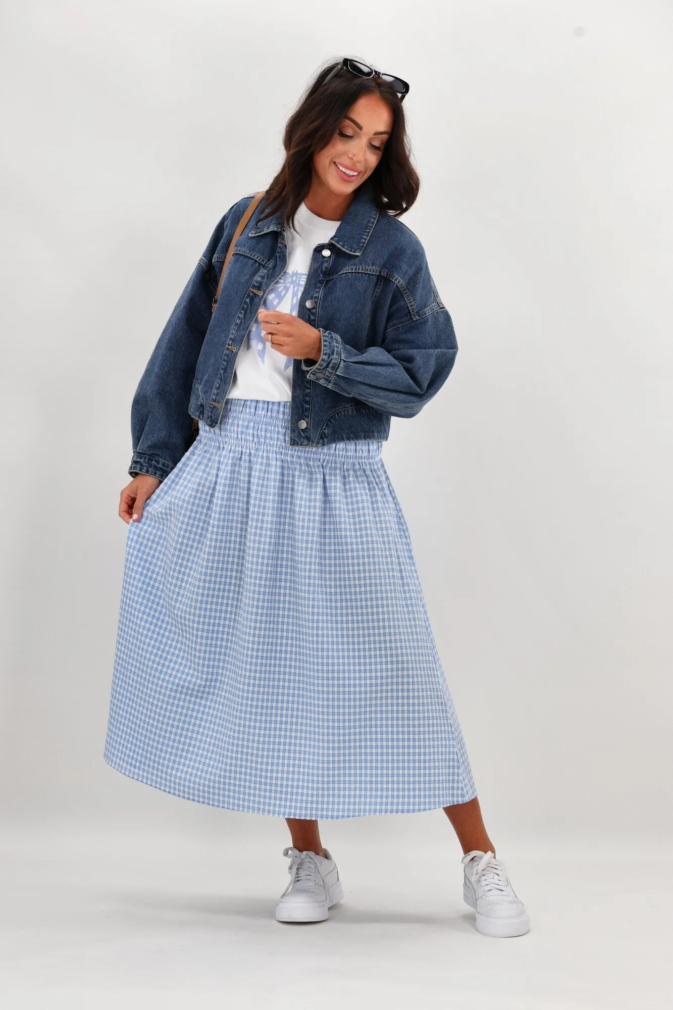 Shine On Label Haylene Shirred Waist Skirt Blue Gingham sold by Shine On product image thumbnail 2