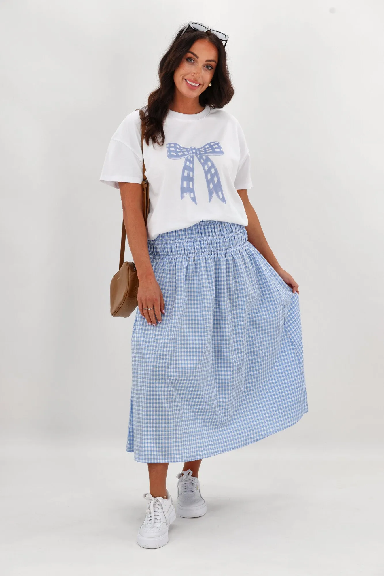 Shine On Label Haylene Shirred Waist Skirt Blue Gingham sold by Shine On