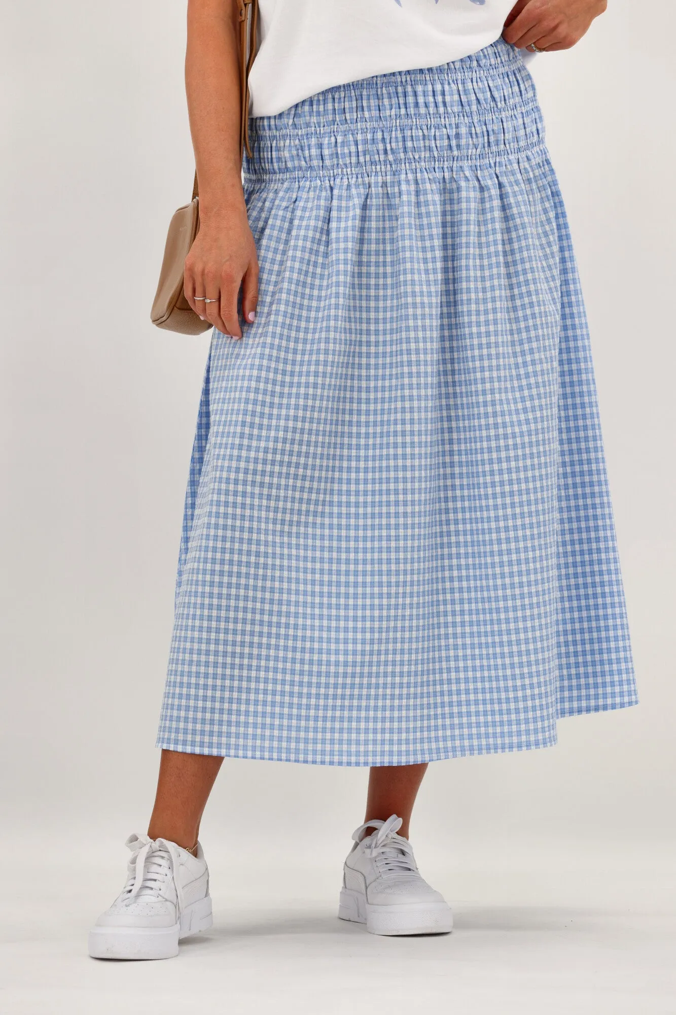Shine On Label Haylene Shirred Waist Skirt Blue Gingham sold by Shine On product image thumbnail 3