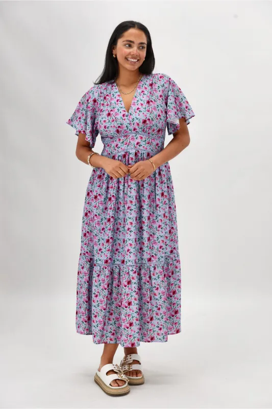 Gloss The Label Khyla Ladder Lace Dress Blue Watercolour Print sold by Shine On