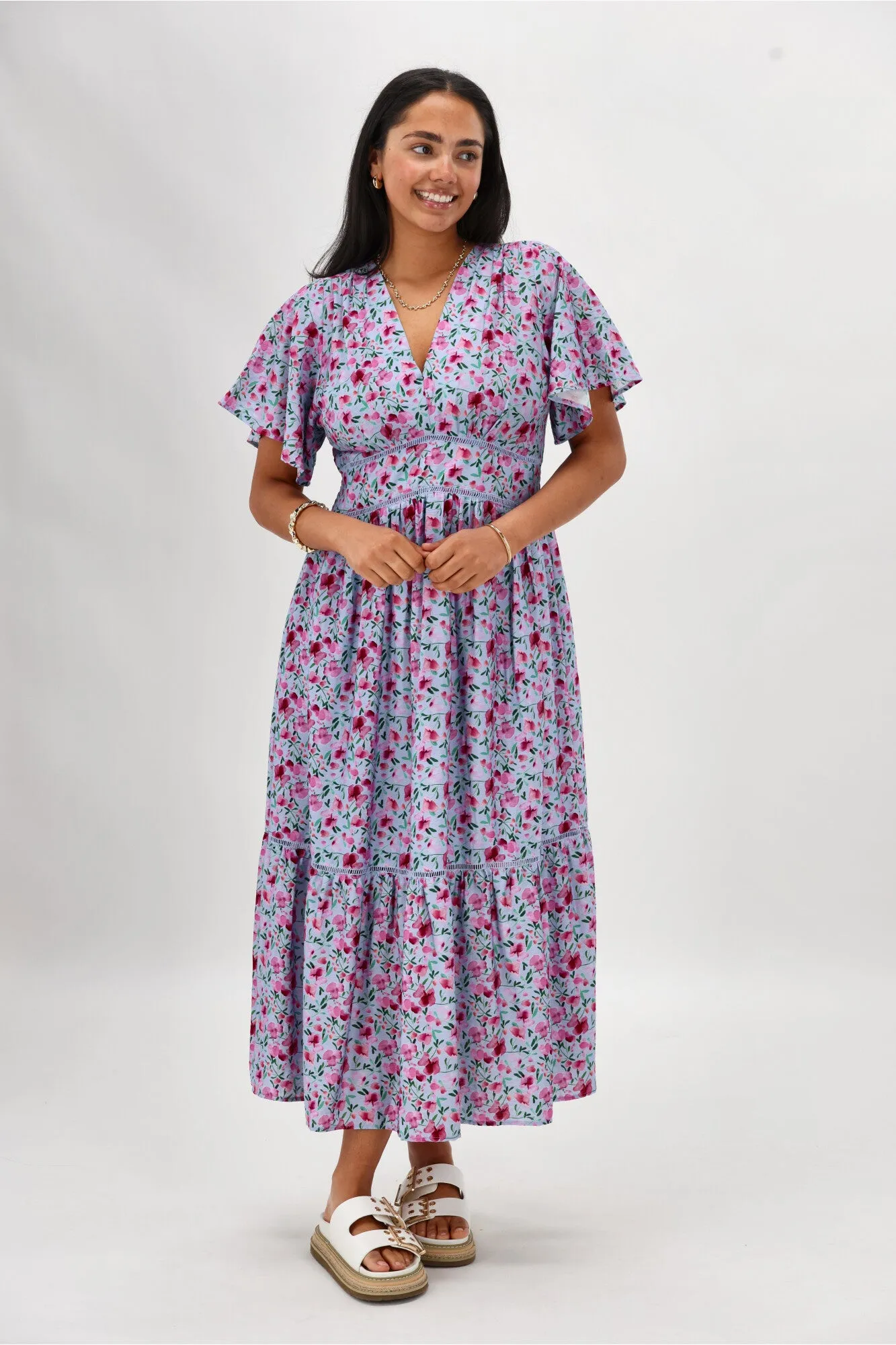 Gloss The Label Khyla Ladder Lace Dress Blue Watercolour Print sold by Shine On