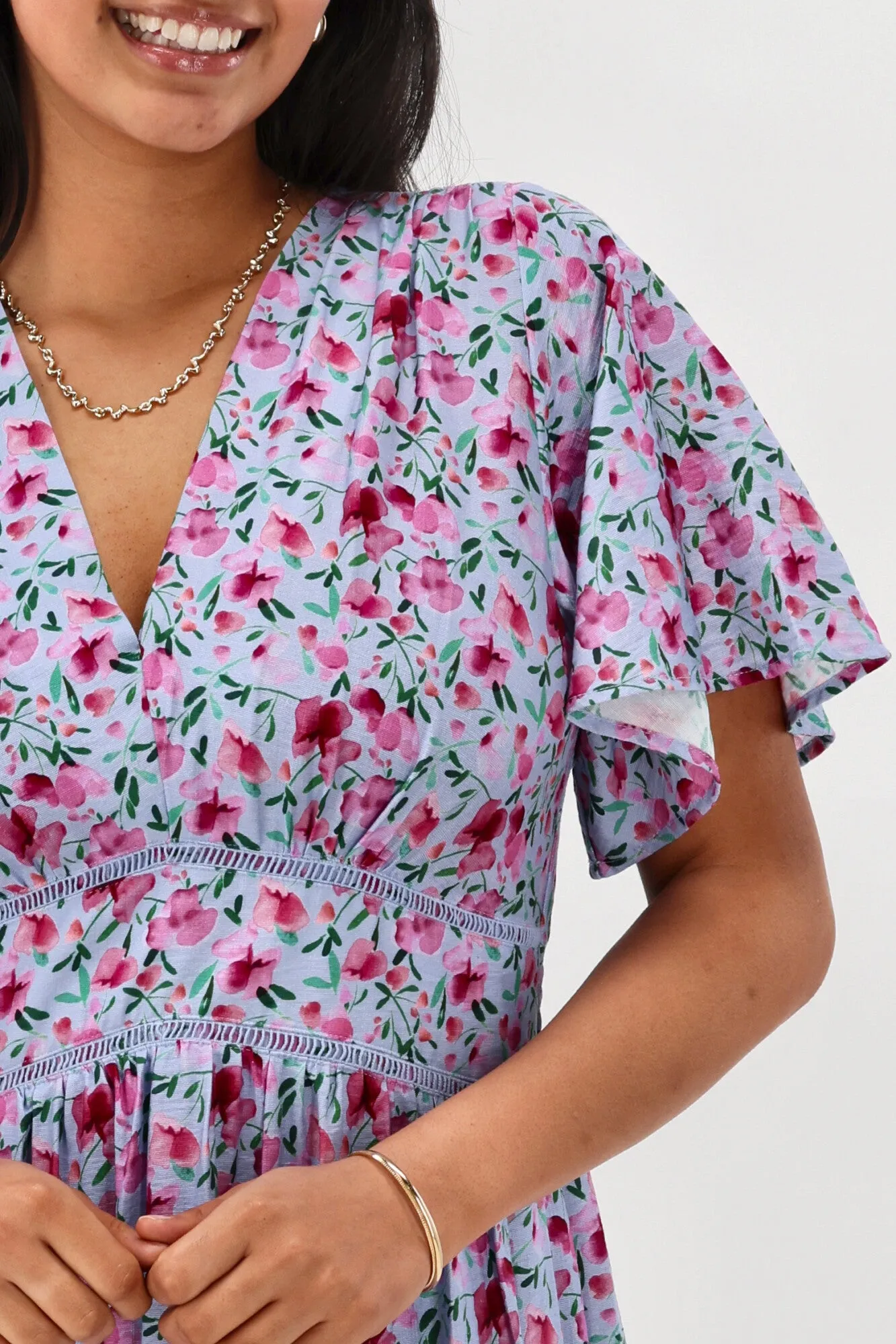 Gloss The Label Khyla Ladder Lace Dress Blue Watercolour Print sold by Shine On product image thumbnail 3