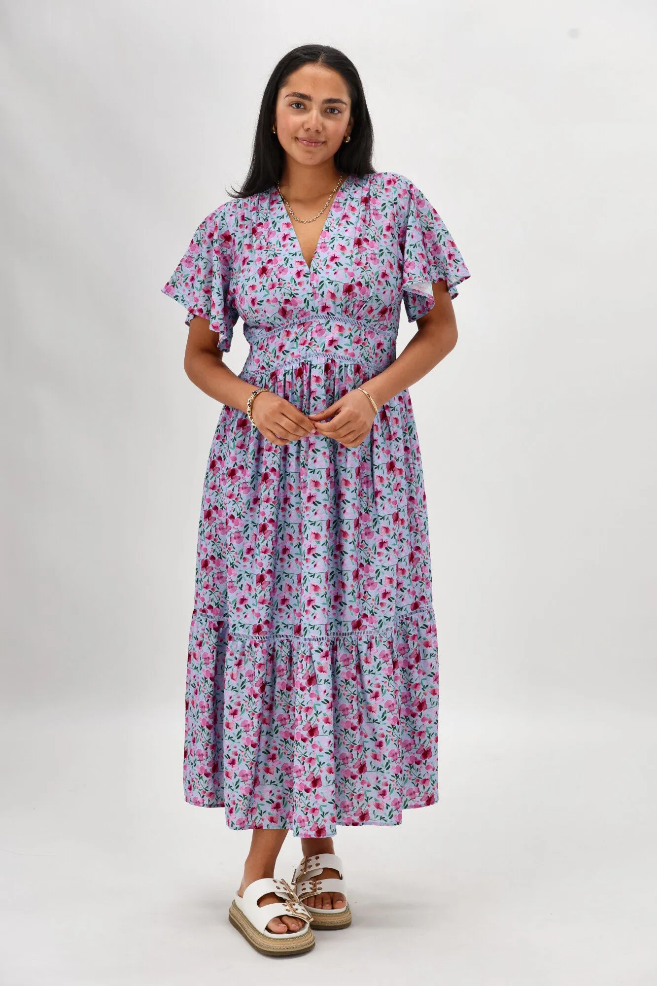 Gloss The Label Khyla Ladder Lace Dress Blue Watercolour Print sold by Shine On product image thumbnail 4