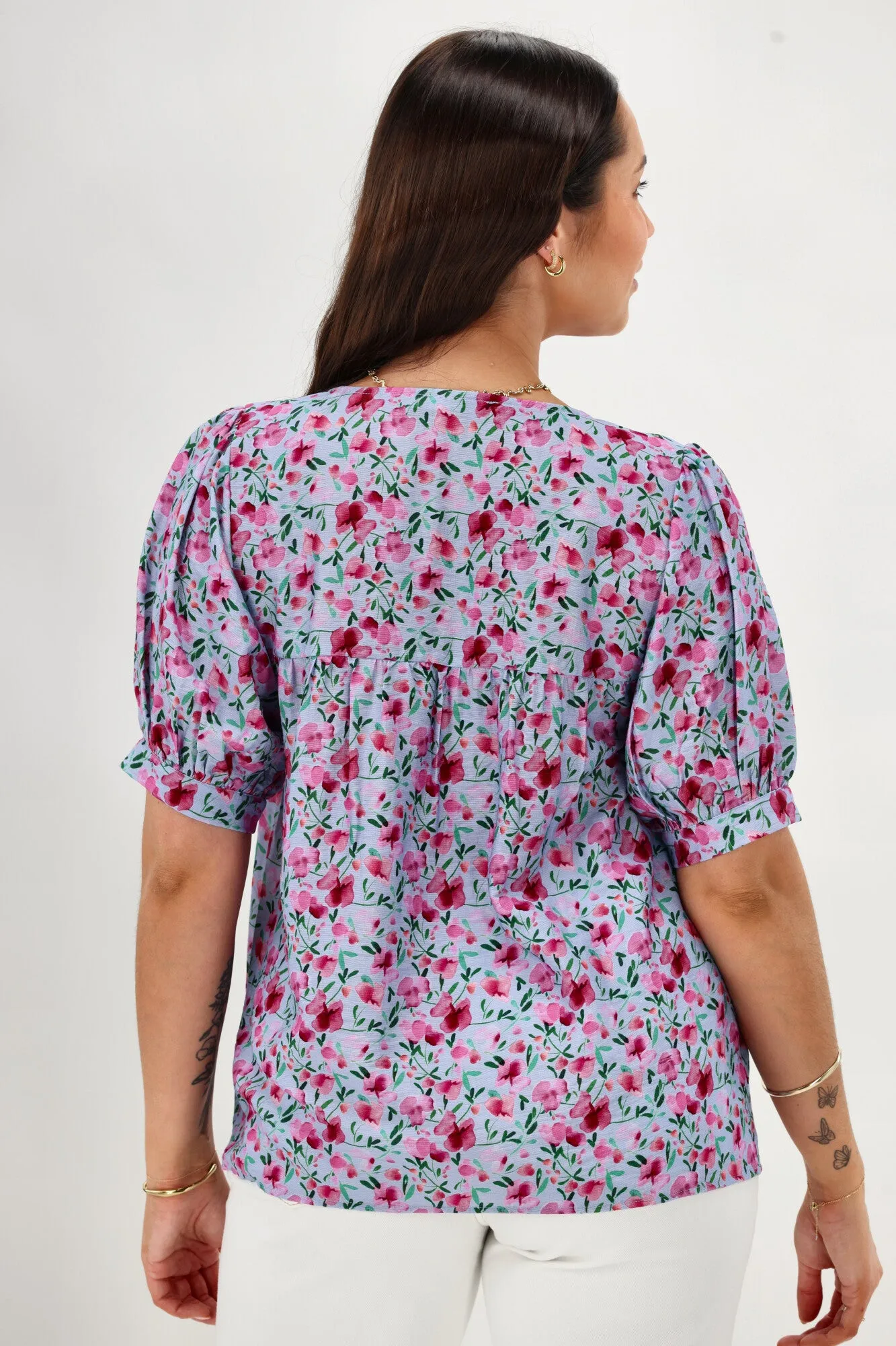 Gloss The Label Heidi Puff Sleeve Blouse Blue Watercolour Print sold by Shine On product image thumbnail 5