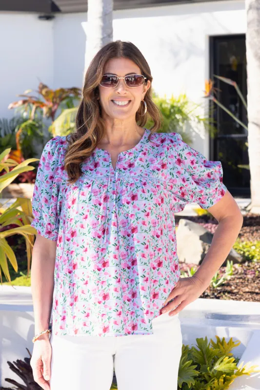 Gloss The Label Heidi Puff Sleeve Blouse Blue Watercolour Print sold by Shine On