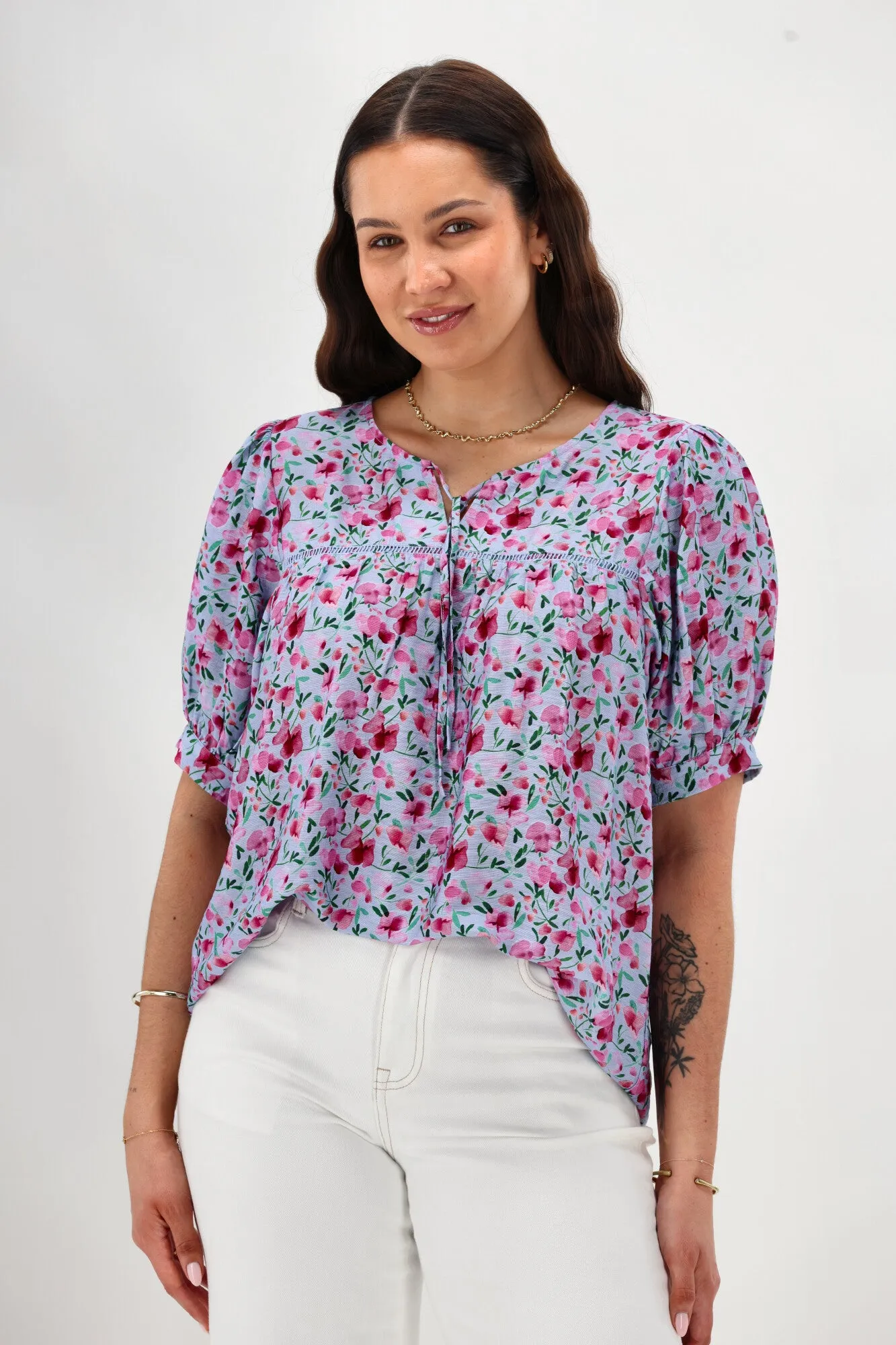 Gloss The Label Heidi Puff Sleeve Blouse Blue Watercolour Print sold by Shine On product image thumbnail 2