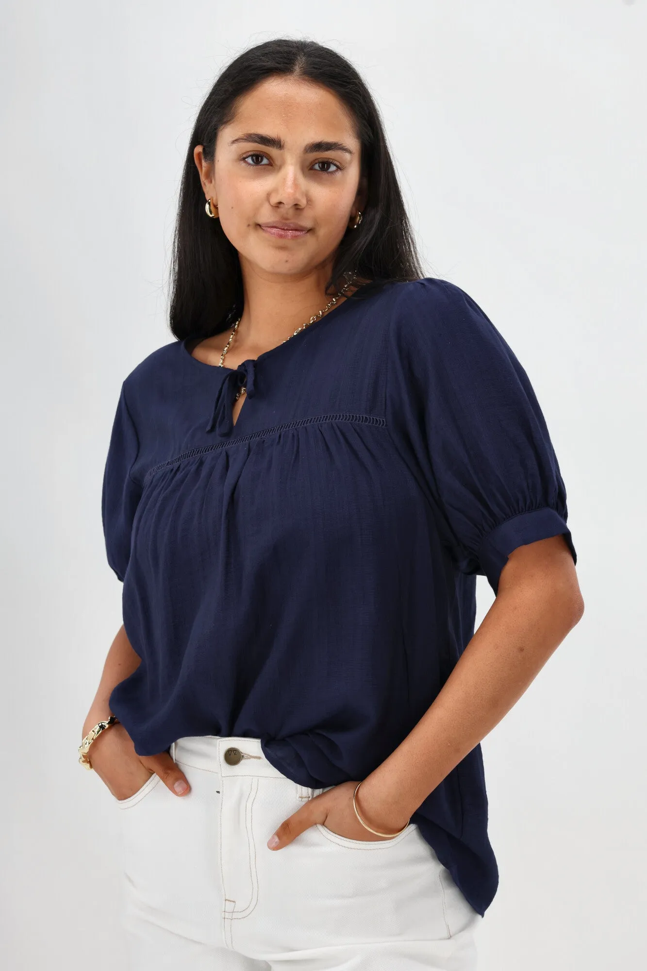 Gloss The Label Heidi Puff Sleeve Blouse Navy sold by Shine On