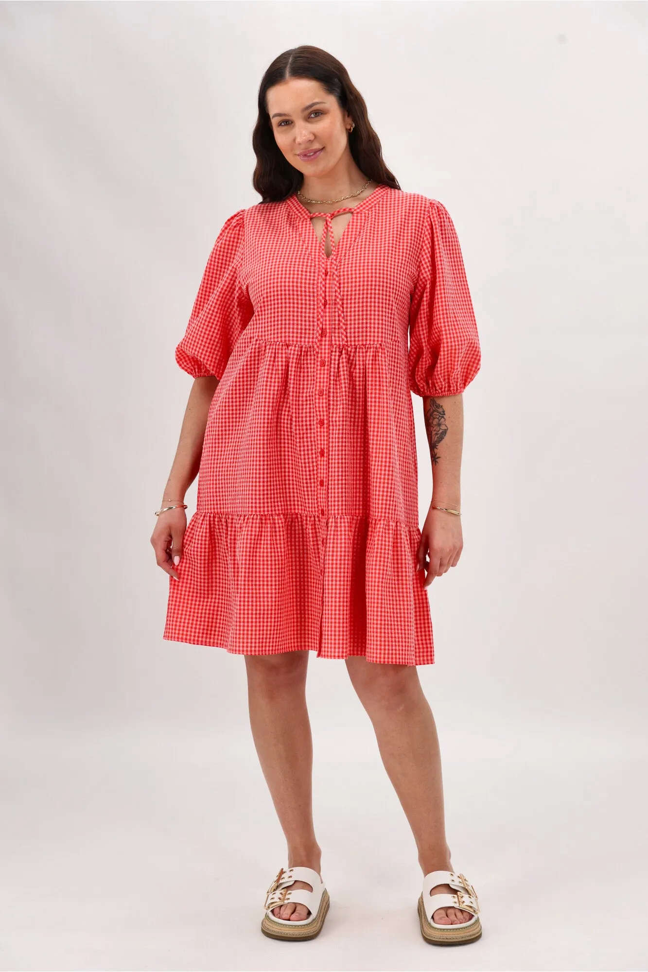 Shine On Label Edith Dress Coral Pink Check sold by Shine On product image thumbnail 2