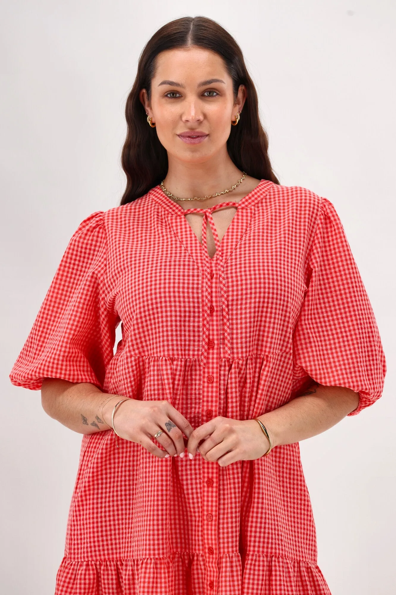 Shine On Label Edith Dress Coral Pink Check sold by Shine On product image thumbnail 4