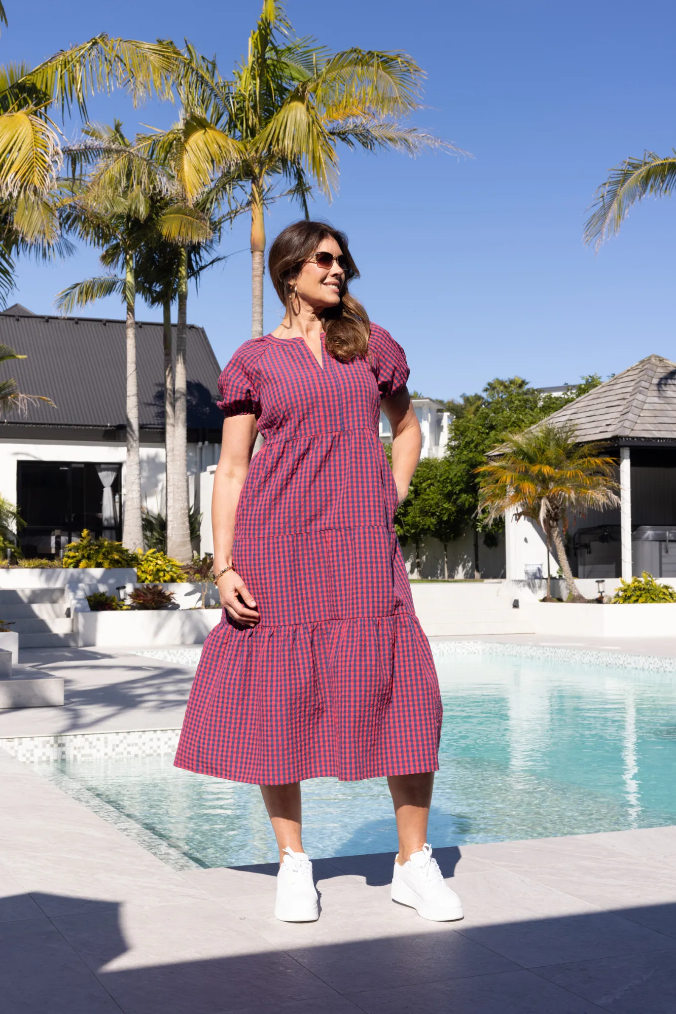 Shine On Label Rachel Dress Navy Pink Check sold by Shine On