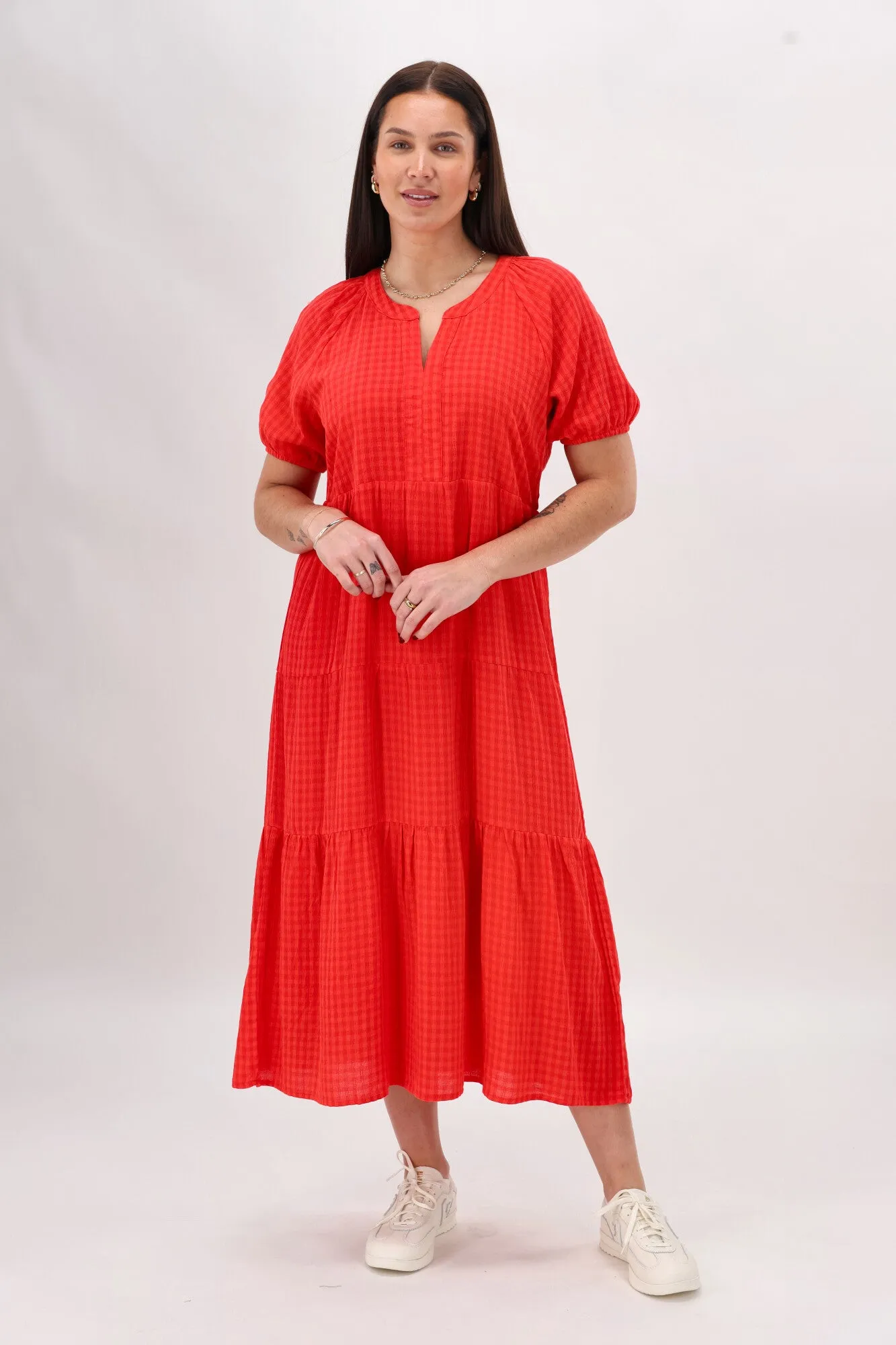 Shine On Label Erika Self Check Tier Dress Coral sold by Shine On