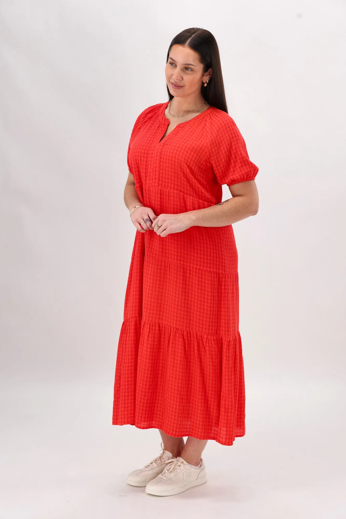 Shine On Label Erika Self Check Tier Dress Coral sold by Shine On product image thumbnail 5