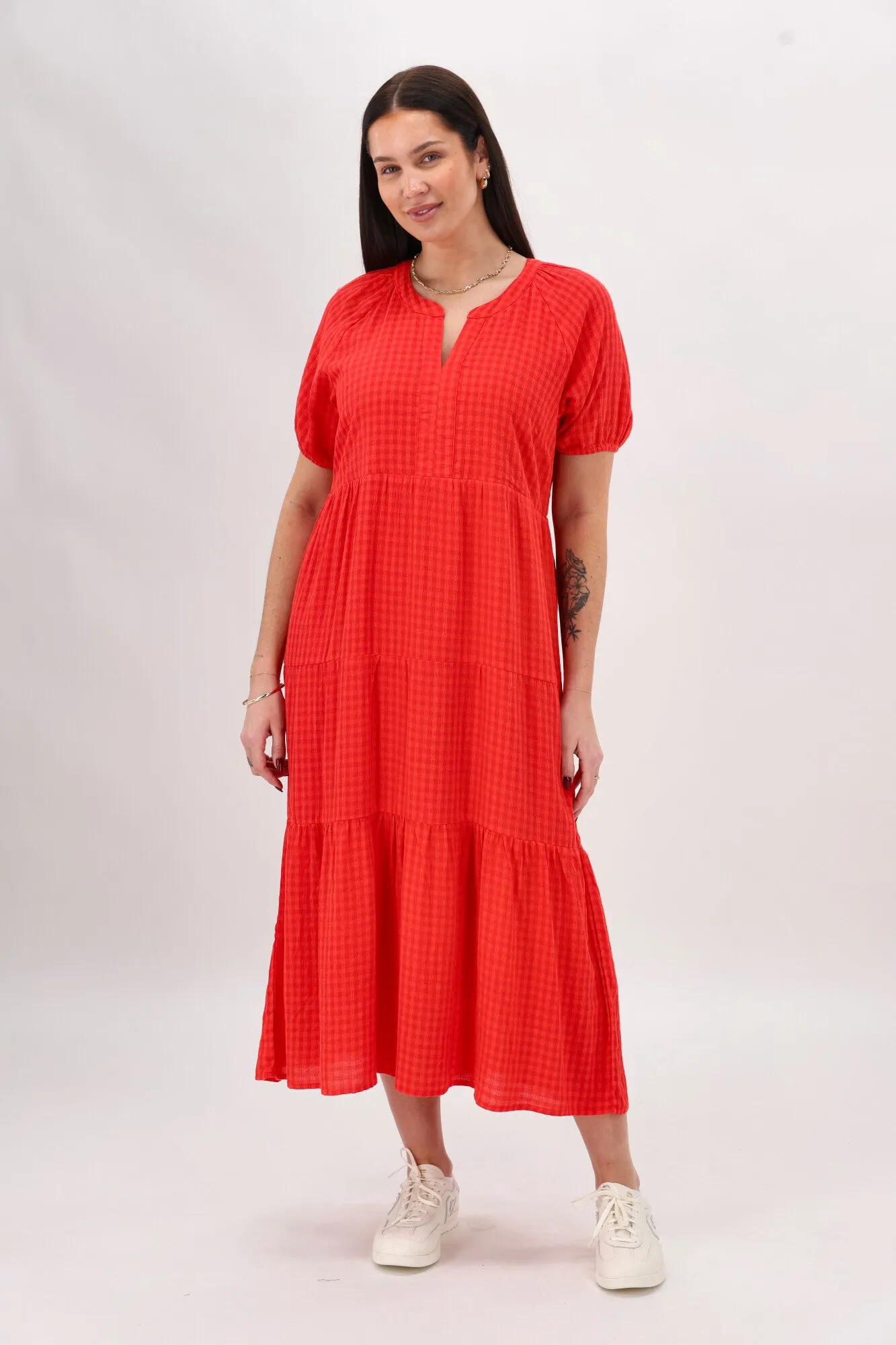Shine On Label Erika Self Check Tier Dress Coral sold by Shine On product image thumbnail 2