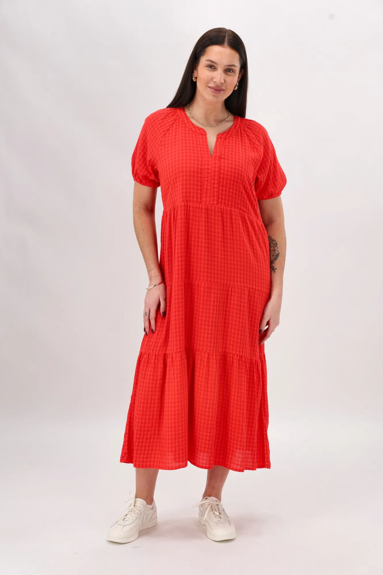 Shine On Label Erika Self Check Tier Dress Coral sold by Shine On product image thumbnail 4