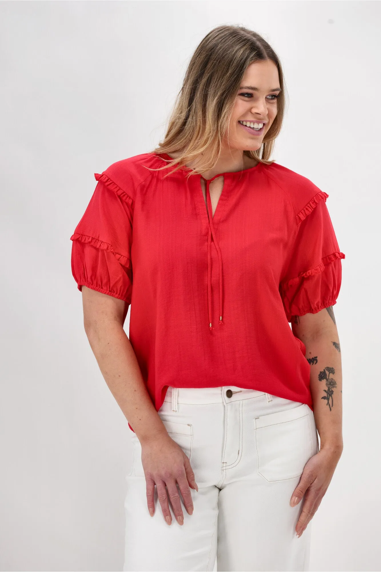 Gloss The Label Clea Frill Detail Puff Sleeve Top Coral sold by Shine On product image thumbnail 2