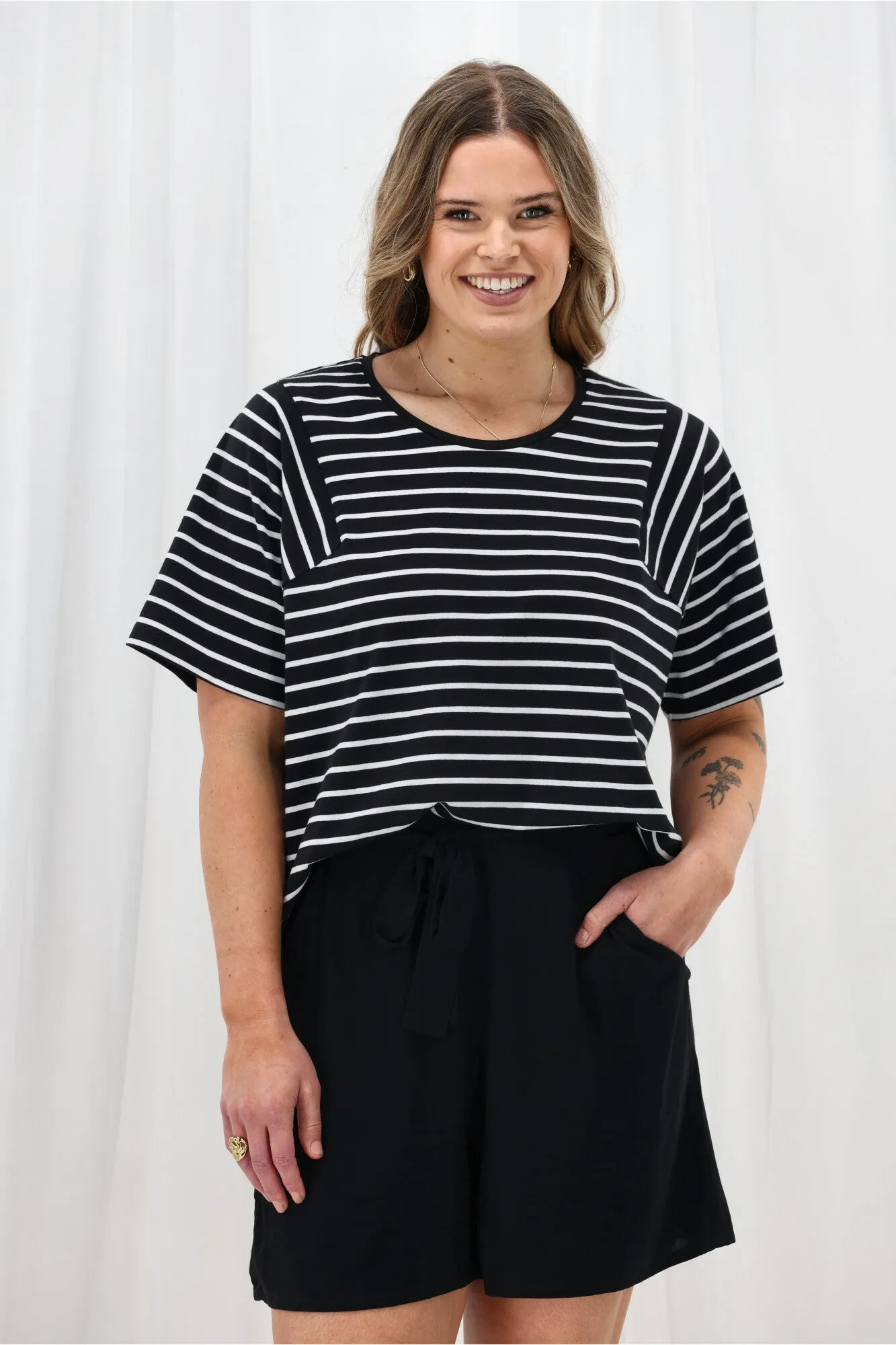 Shine On Label Ray Angled Yoke Top Black White Stripe sold by Shine On product image thumbnail 2