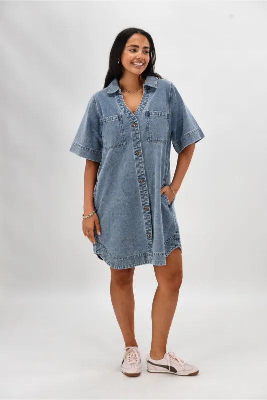 Shine On Label Cherish Denim Boxy Dress Washed Blue sold by Shine On
