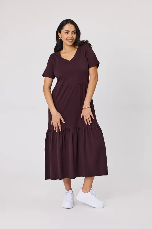 Shine On Essentials Tiered Midi Dress Chocolate sold by Shine On