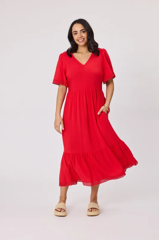 Gloss The Label Fortune Broderie Sleeve Dress Coral sold by Shine On