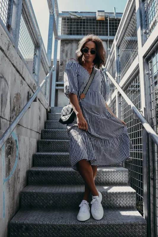 Shine On Label Dahlia Gingham Tiered Midi Dress Black/White sold by Shine On