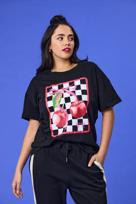 Rebel Club Cherry Checker Boyfriend Tee Black sold by Shine On