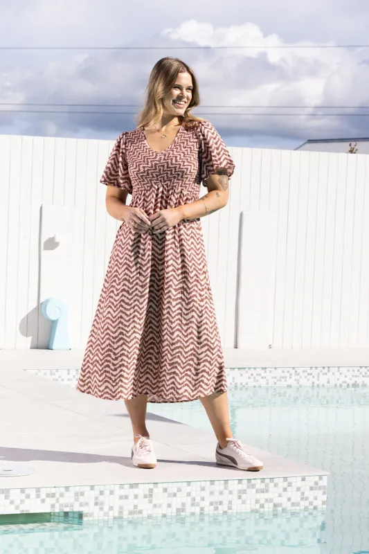 Shine On Label Dorothy Angle Shirred Midi Dress Zig Zag sold by Shine On