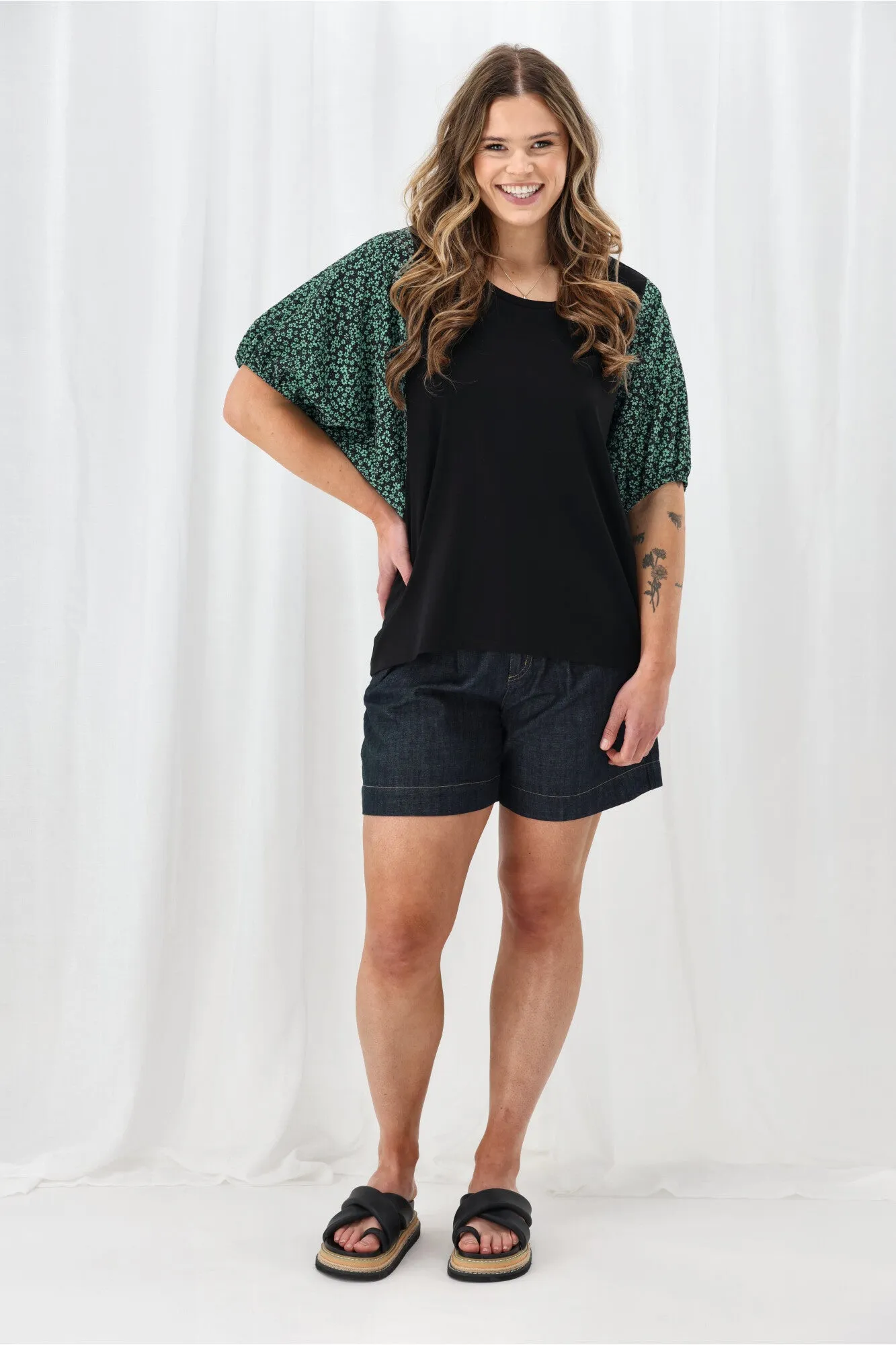 Shine On Label Sheyena Woven Sleeve Top Black w Green Floral sold by Shine On product image thumbnail 4