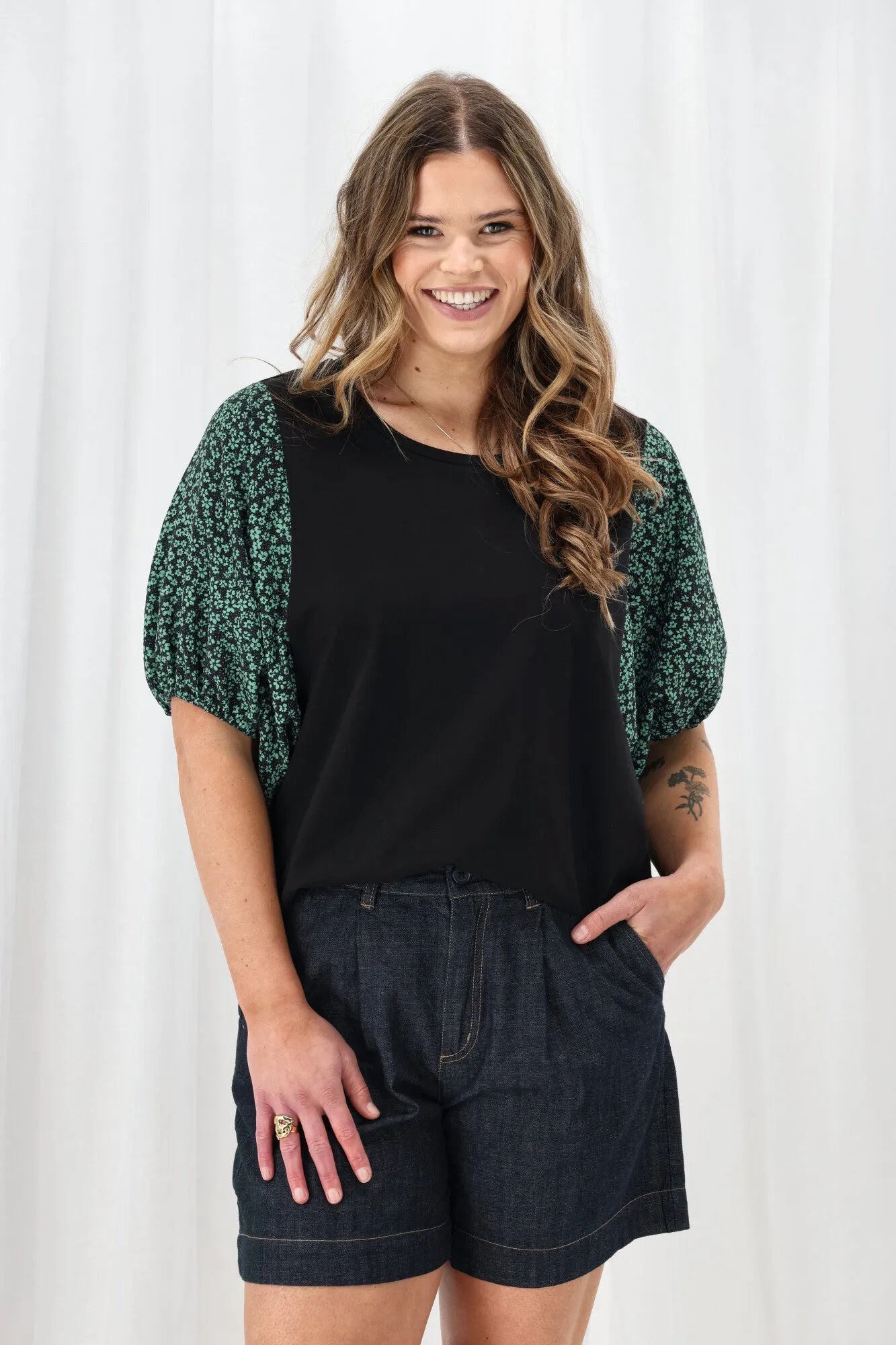Shine On Label Sheyena Woven Sleeve Top Black w Green Floral sold by Shine On product image thumbnail 2