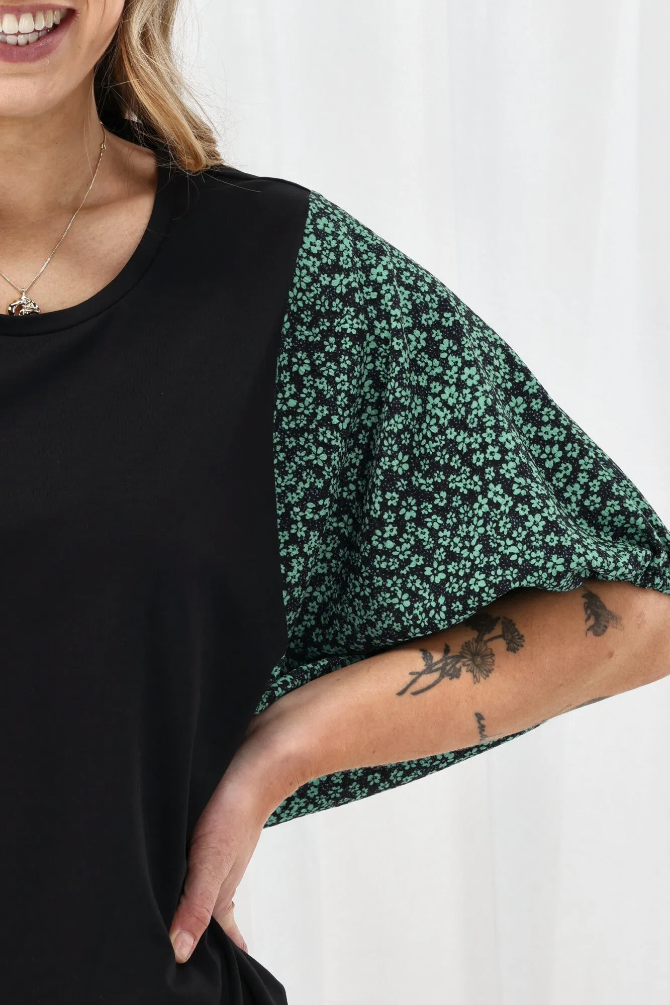 Shine On Label Sheyena Woven Sleeve Top Black w Green Floral sold by Shine On product image thumbnail 3