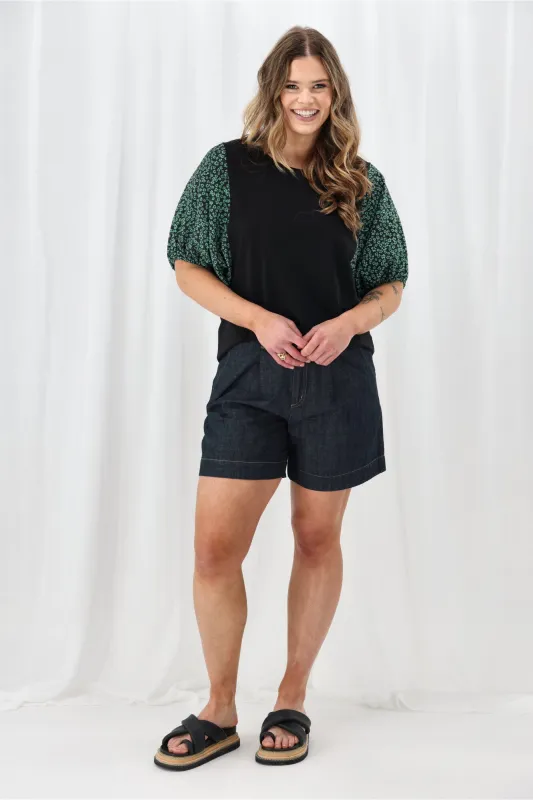 Shine On Label Sheyena Woven Sleeve Top Black w Green Floral sold by Shine On