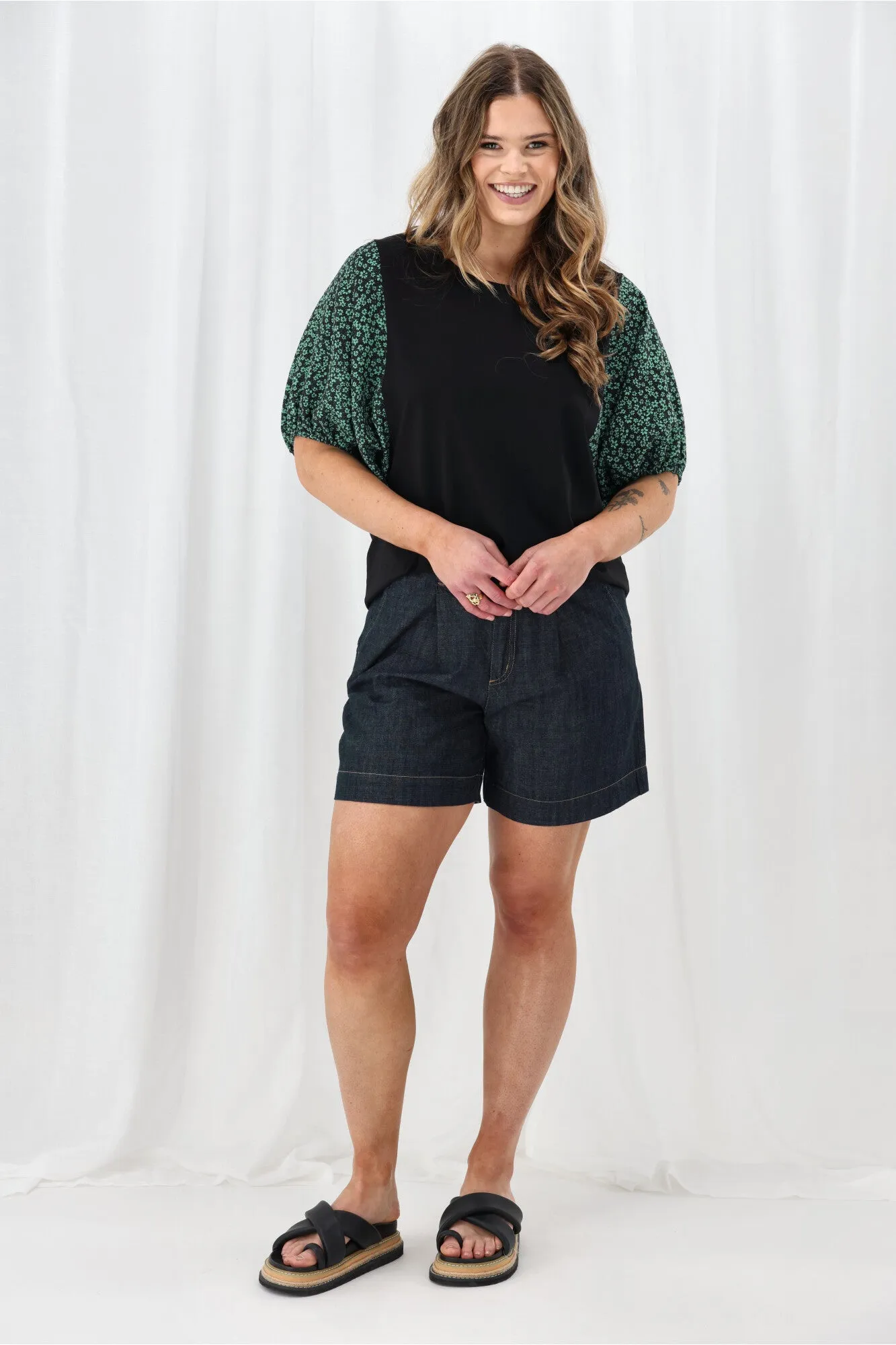 Shine On Label Sheyena Woven Sleeve Top Black w Green Floral sold by Shine On