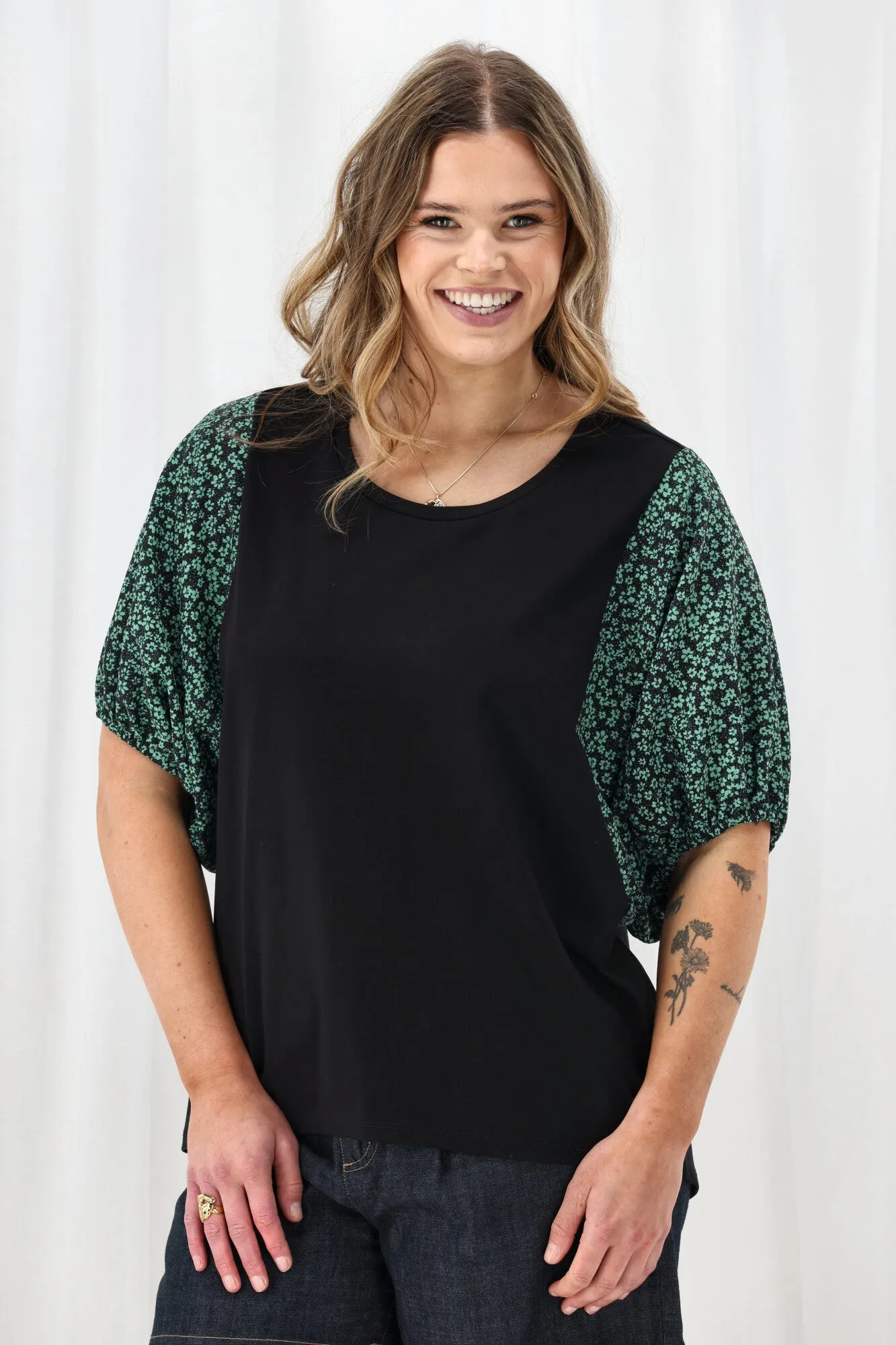 Shine On Label Sheyena Woven Sleeve Top Black w Green Floral sold by Shine On product image thumbnail 5