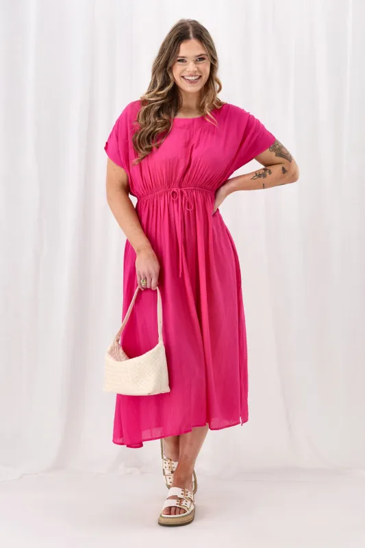 Sunday Boho Myra Shirred Shoulder Dress Fuchsia sold by Shine On