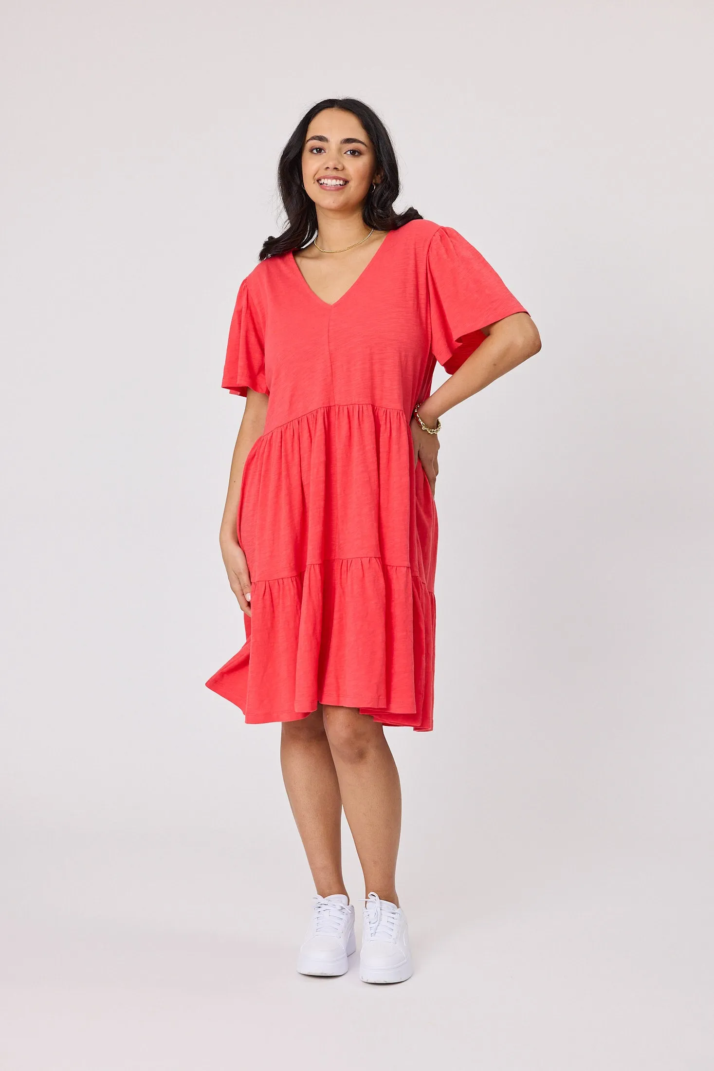 Shine On Essential Flutter Sleeve Dress Coral sold by Shine On