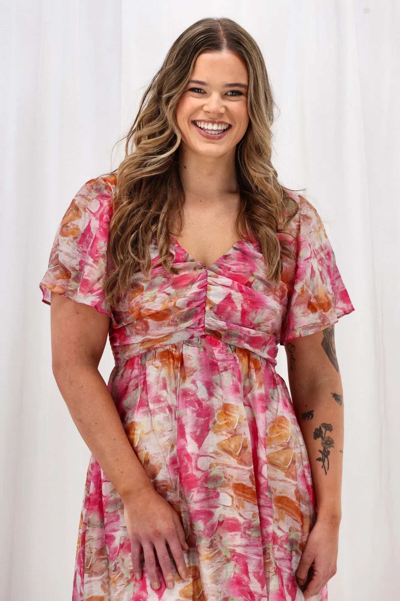 Celebration Tenor Maxi Flutter Sleeve Dress Watercolour Print Pink Orange sold by Shine On product image thumbnail 3