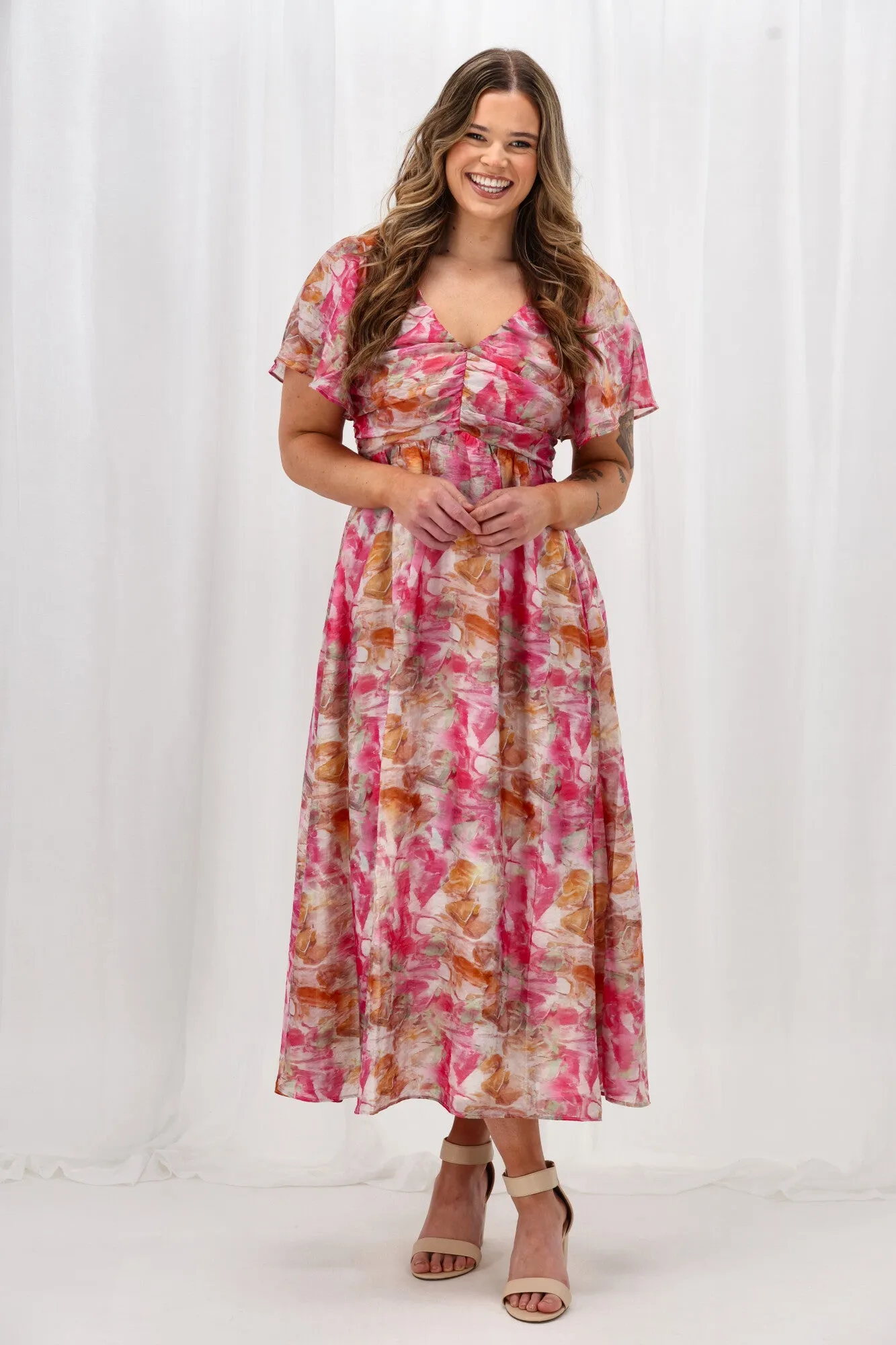 Celebration Tenor Maxi Flutter Sleeve Dress Watercolour Print Pink Orange sold by Shine On product image thumbnail 2