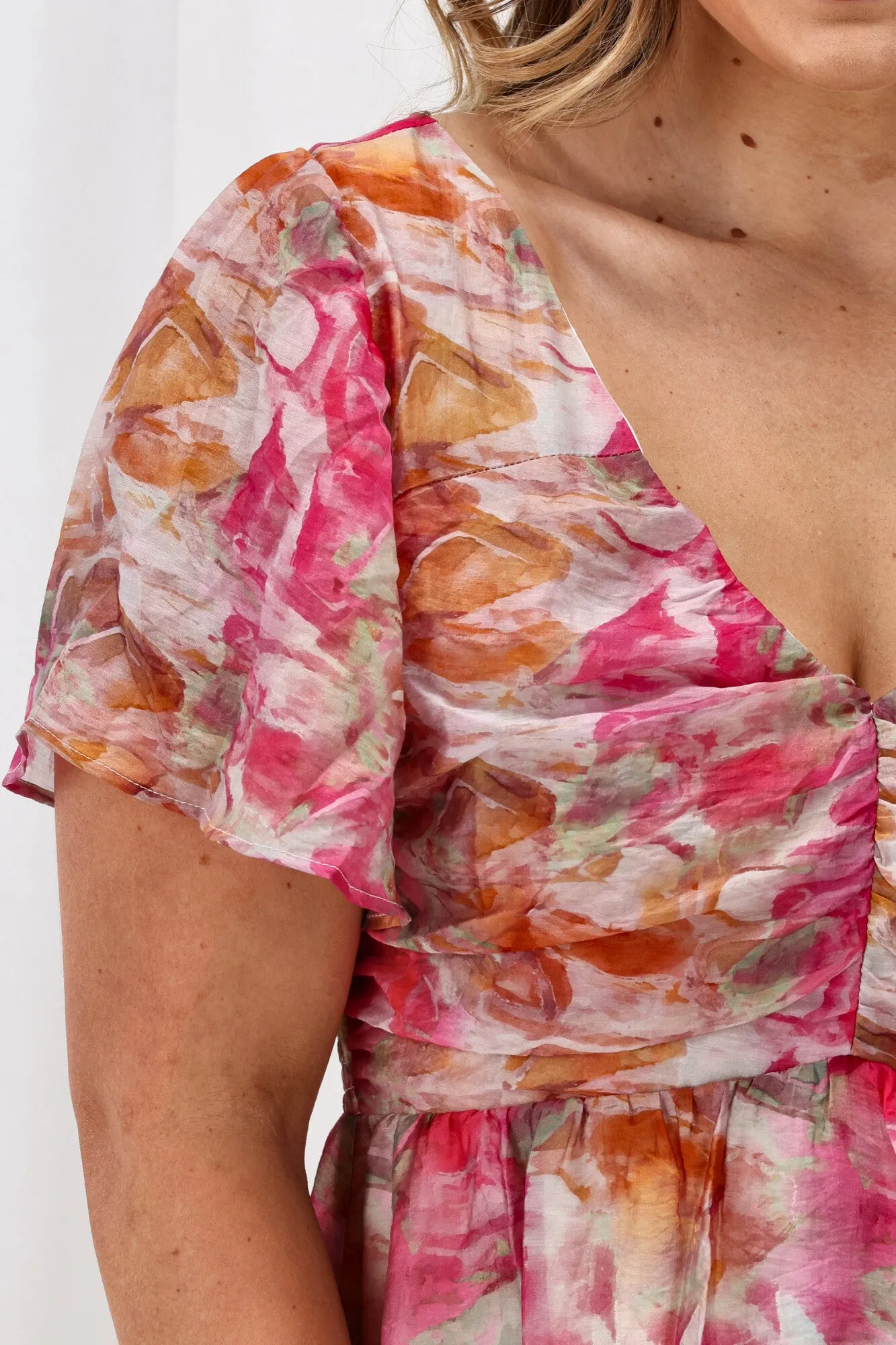 Celebration Tenor Maxi Flutter Sleeve Dress Watercolour Print Pink Orange sold by Shine On product image thumbnail 4