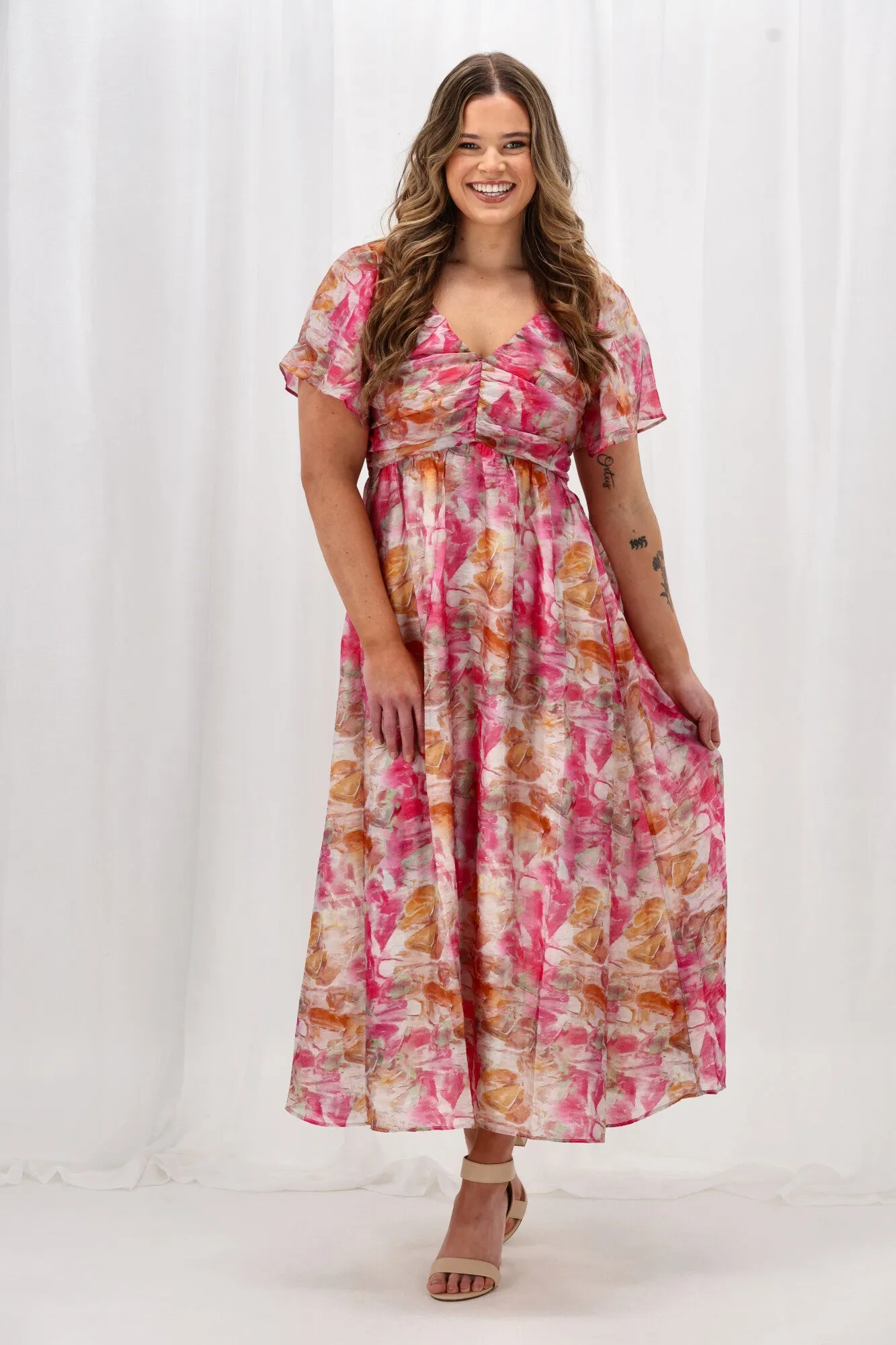 Celebration Tenor Maxi Flutter Sleeve Dress Watercolour Print Pink Orange sold by Shine On