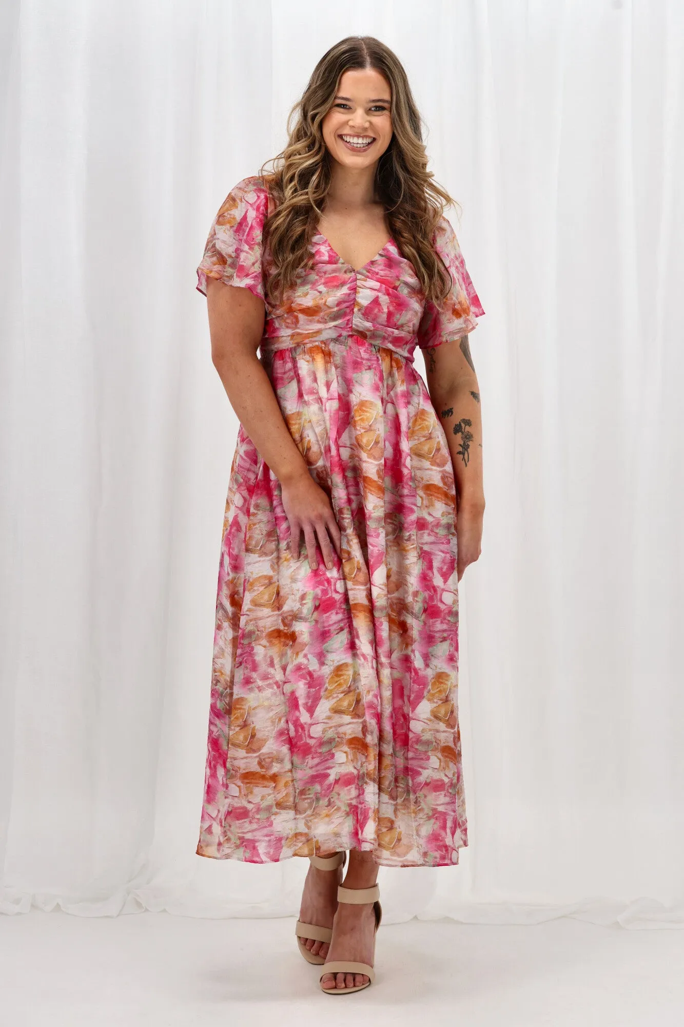 Celebration Tenor Maxi Flutter Sleeve Dress Watercolour Print Pink Orange sold by Shine On product image thumbnail 5