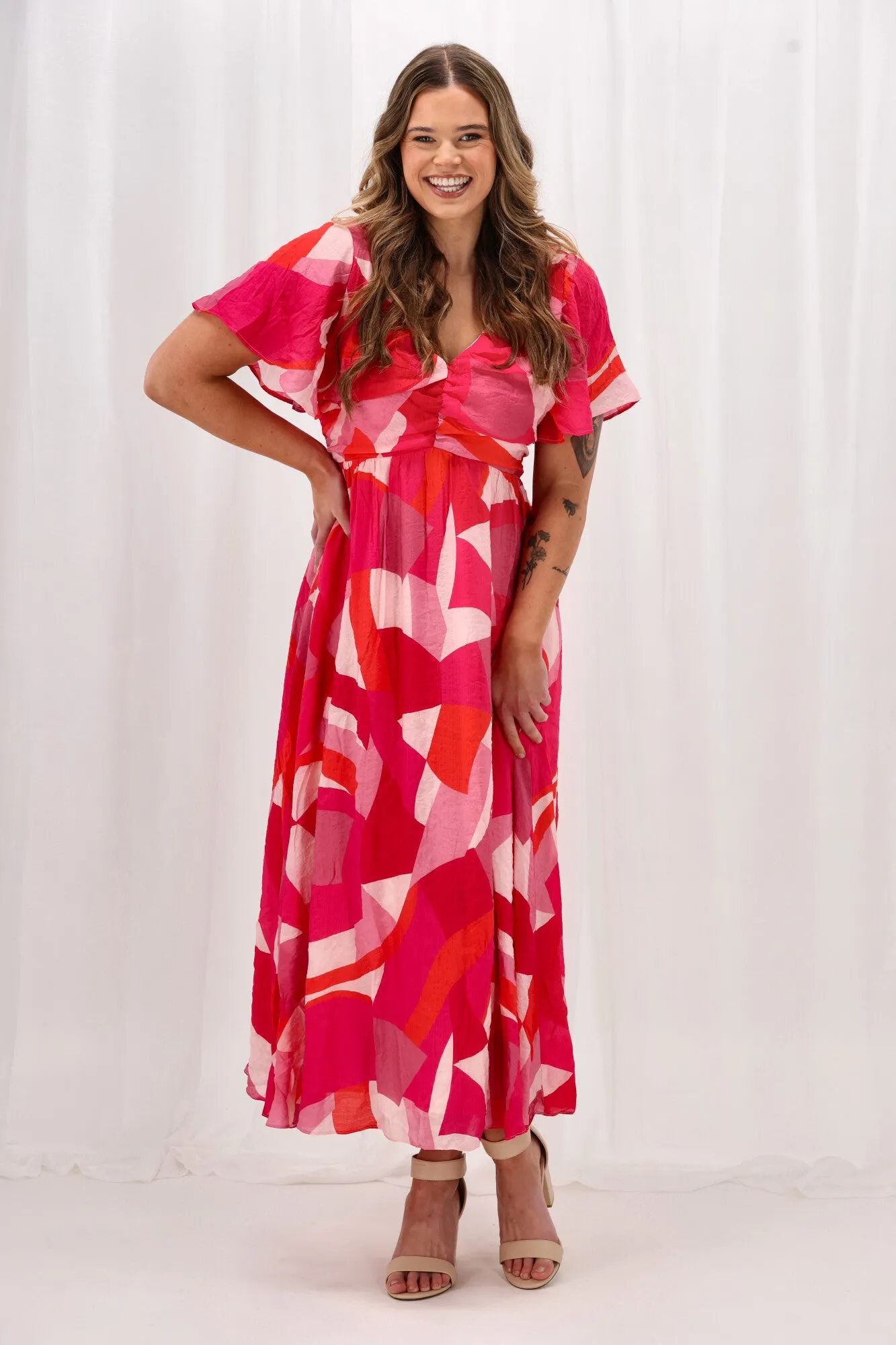 Celebration Tenor Maxi Flutter Sleeve Dress Geo Print Pink Orange sold by Shine On product image thumbnail 4