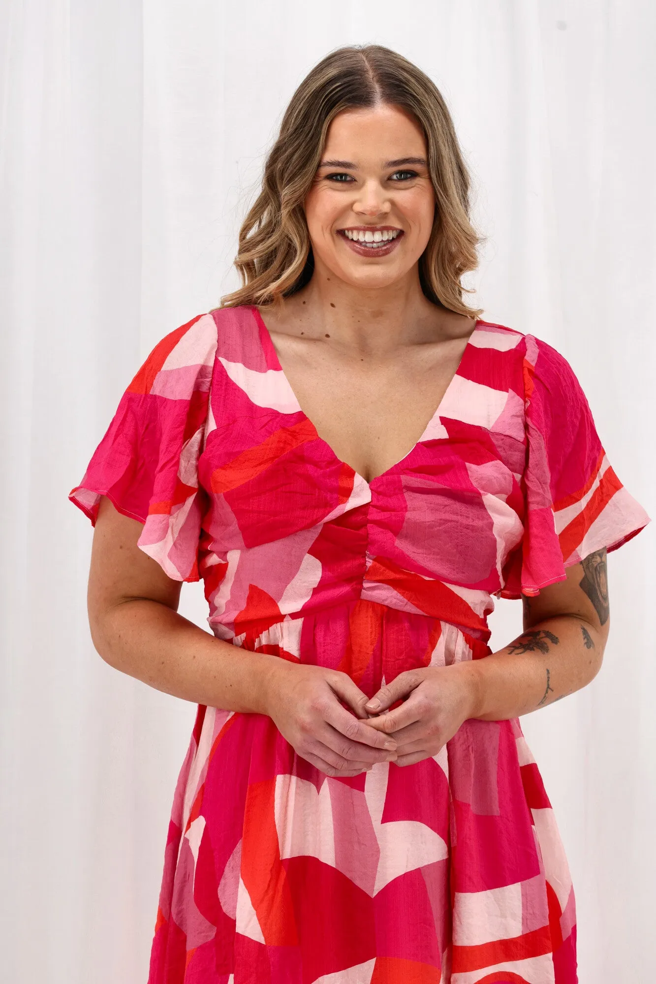 Celebration Tenor Maxi Flutter Sleeve Dress Geo Print Pink Orange sold by Shine On product image thumbnail 3