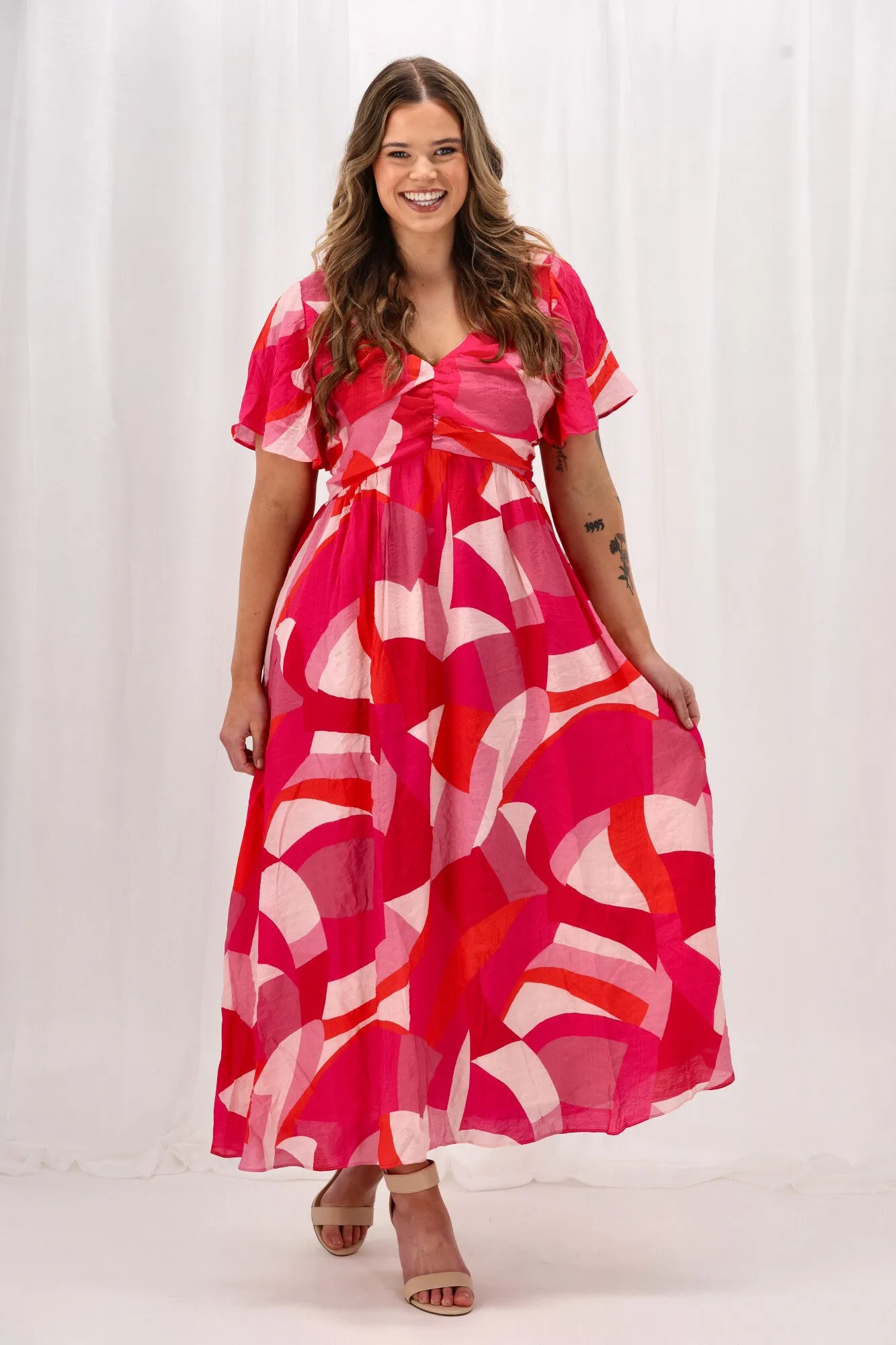 Celebration Tenor Maxi Flutter Sleeve Dress Geo Print Pink Orange sold by Shine On product image thumbnail 5