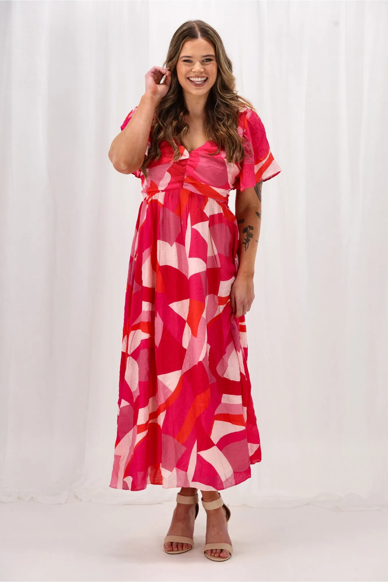 Celebration Tenor Maxi Flutter Sleeve Dress Geo Print Pink Orange sold by Shine On product image thumbnail 2