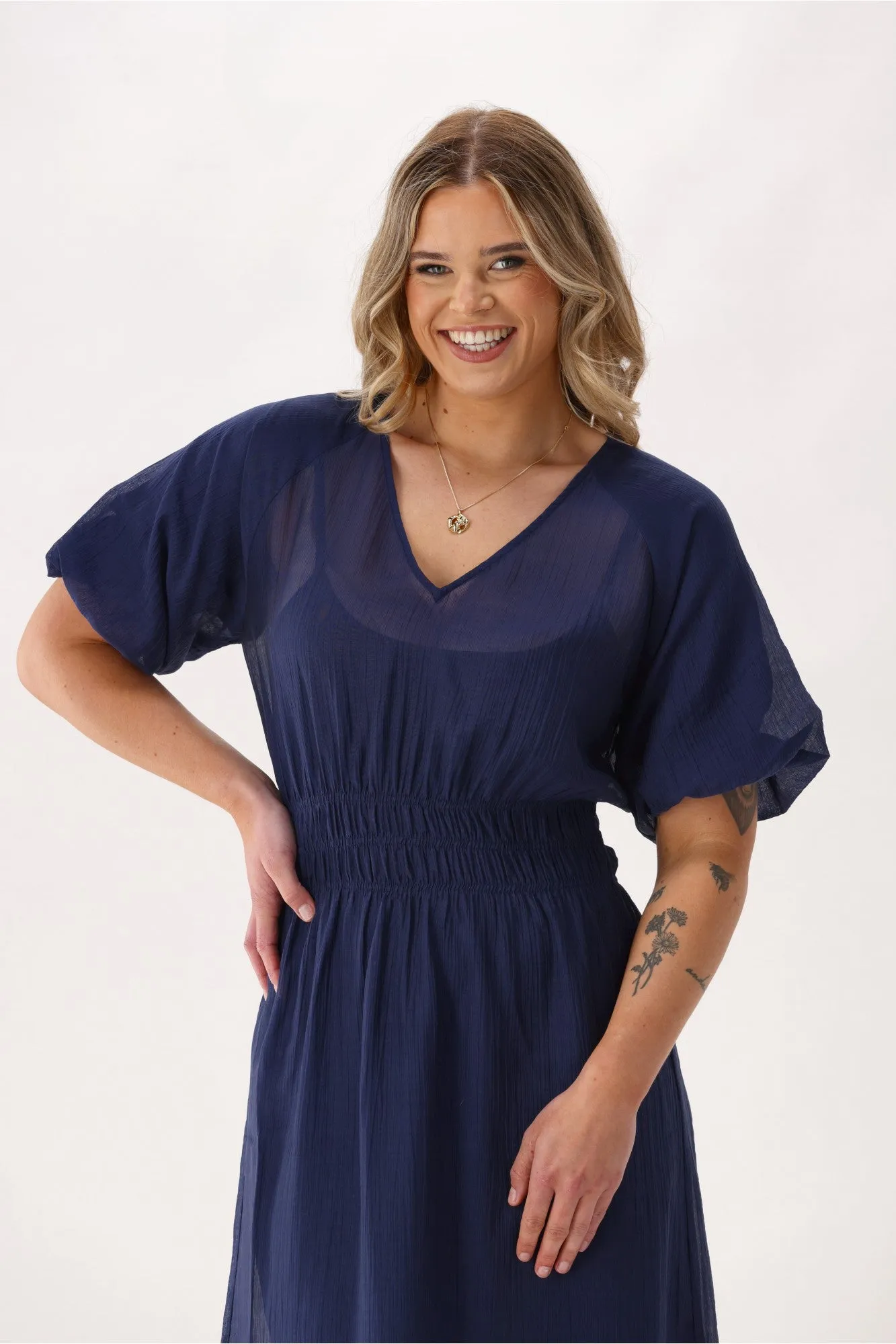 Gloss The Label Twilight Shirred Waist Dress Navy sold by Shine On product image thumbnail 3