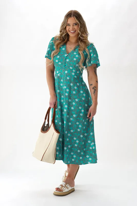 Gloss The Label Cheyenne Flutter Sleeve Dress Turquoise Floral sold by Shine On