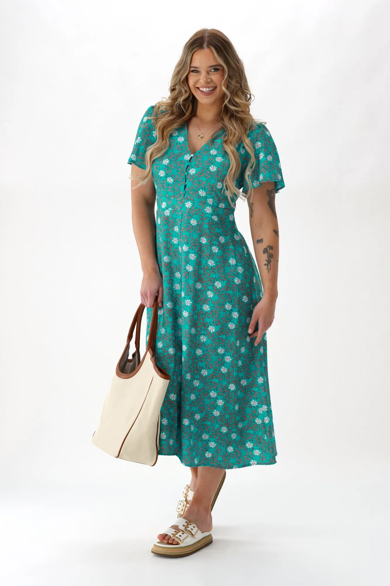 Gloss The Label Cheyenne Flutter Sleeve Dress Turquoise Floral sold by Shine On