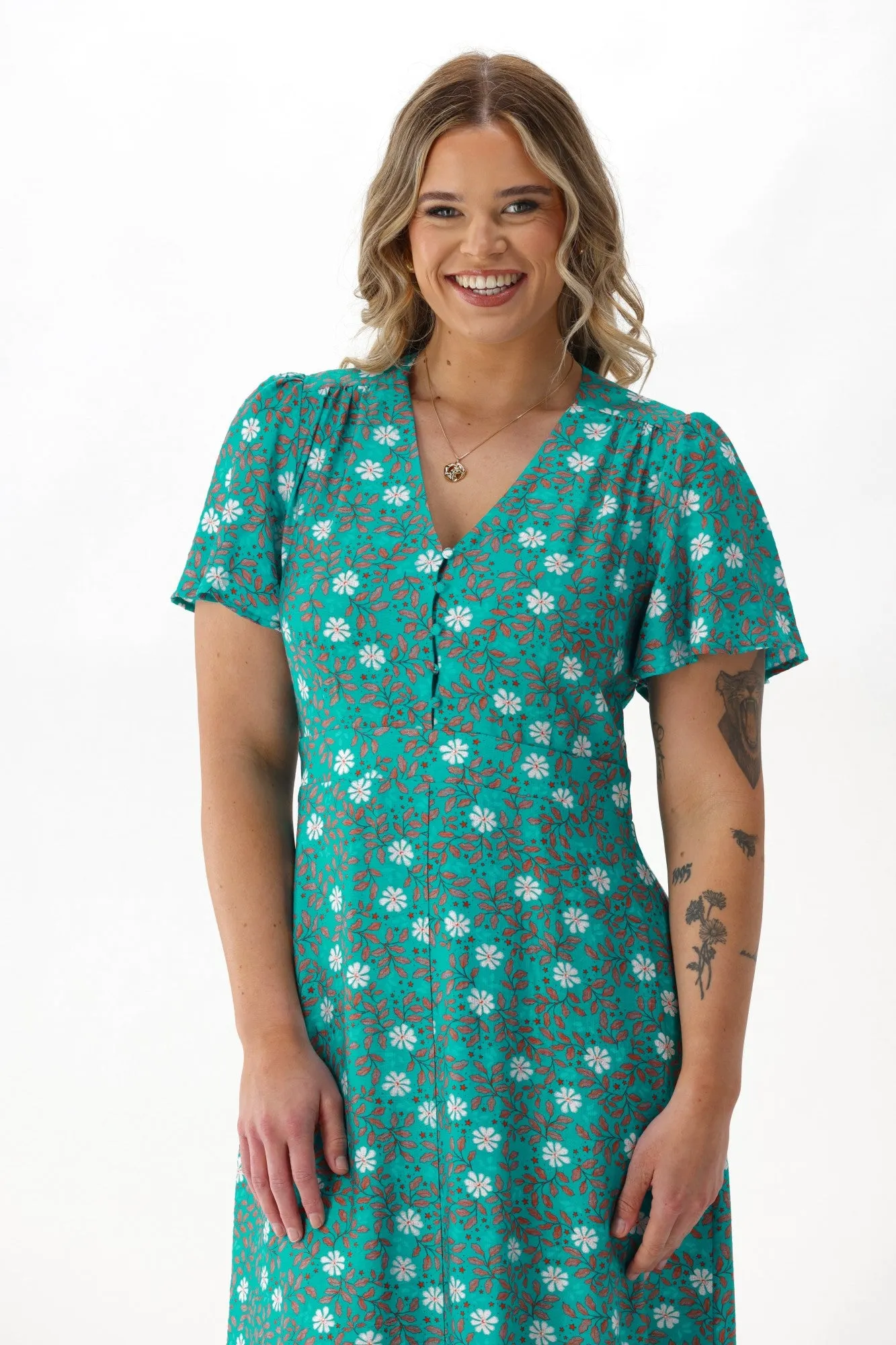 Gloss The Label Cheyenne Flutter Sleeve Dress Turquoise Floral sold by Shine On product image thumbnail 5