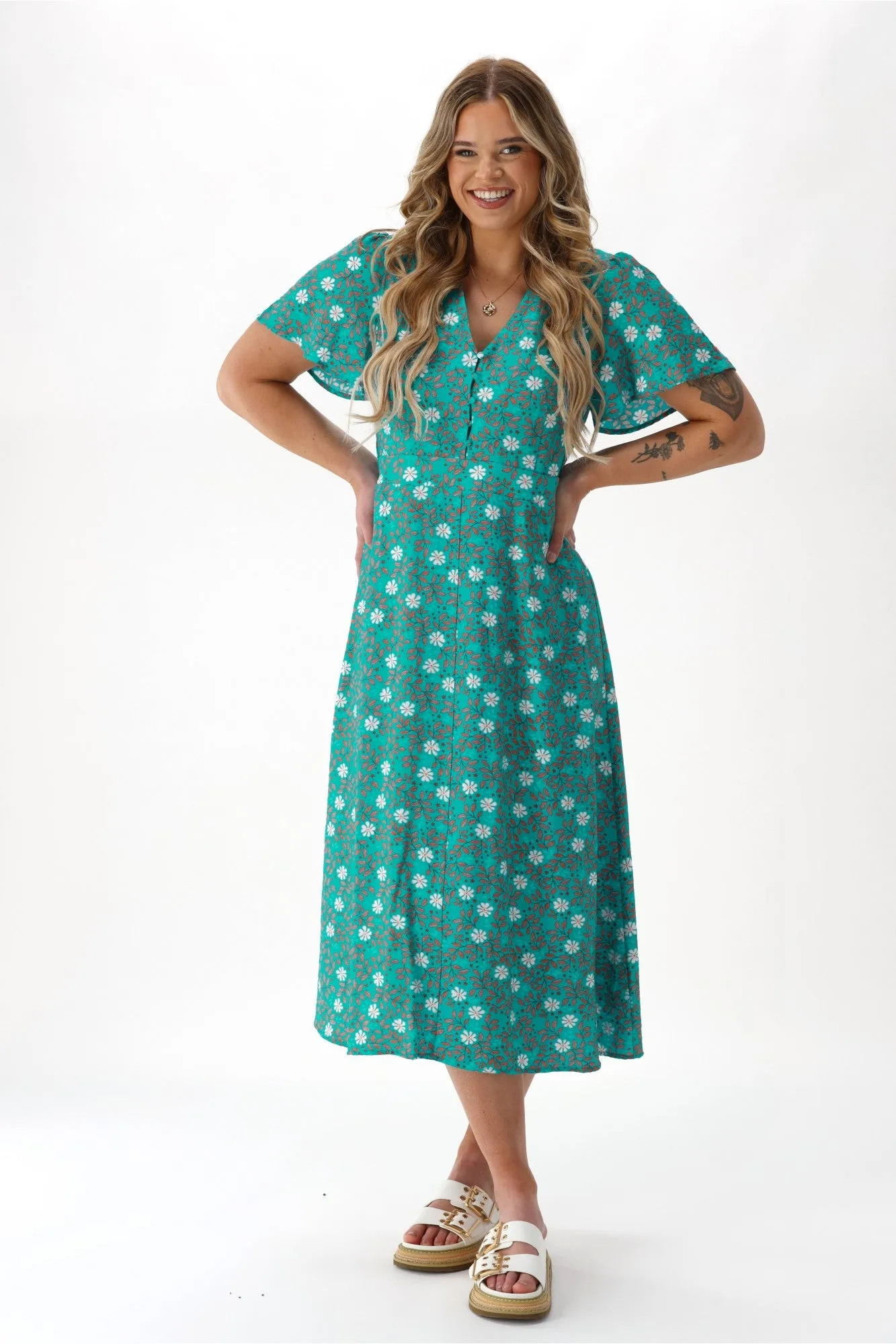 Gloss The Label Cheyenne Flutter Sleeve Dress Turquoise Floral sold by Shine On product image thumbnail 4