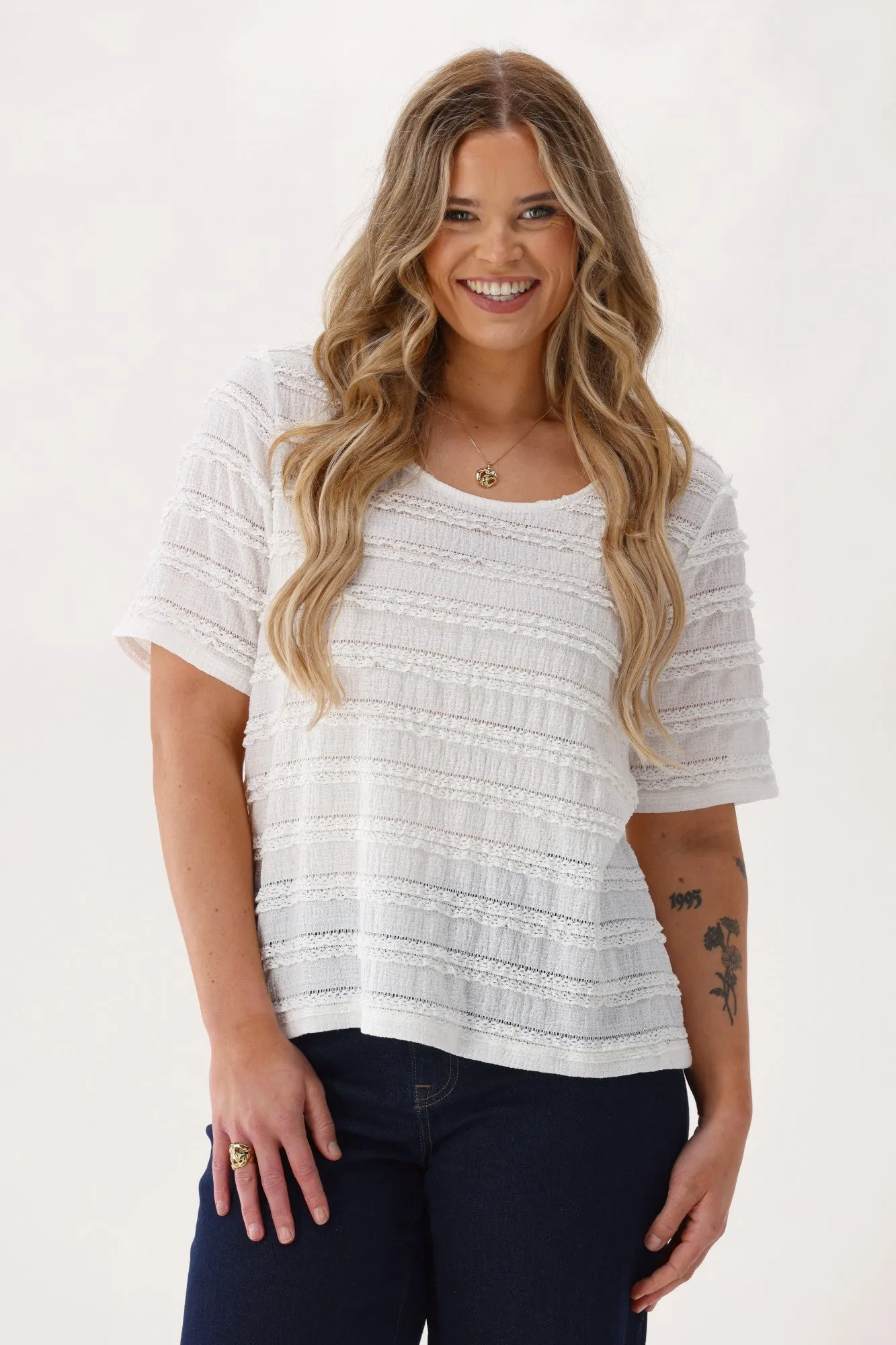 Gloss The Label Avalon Textured Knit Puff Sleeve Top White sold by Shine On