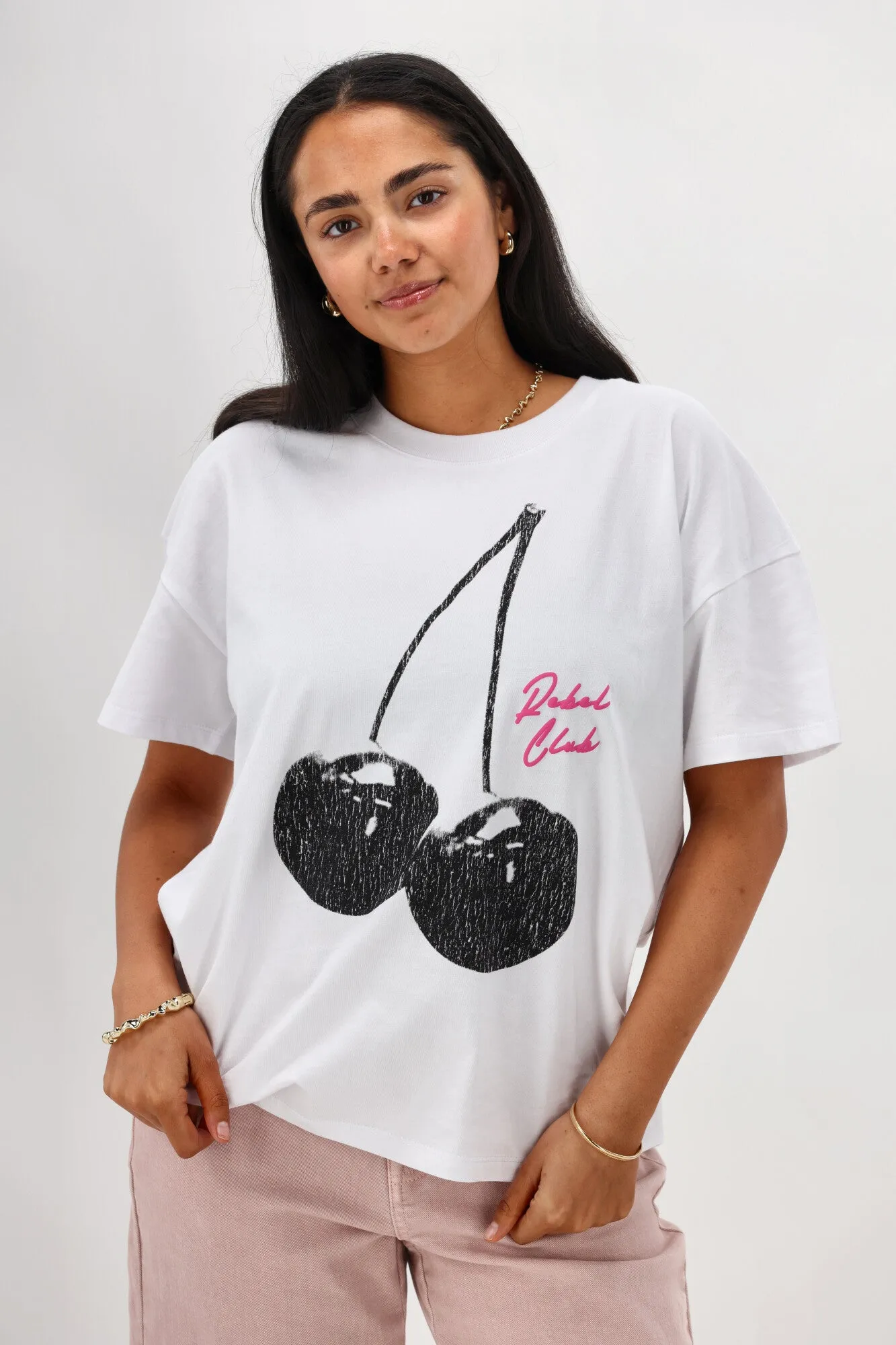 Rebel Club Cherry Boyfriend Tee White sold by Shine On